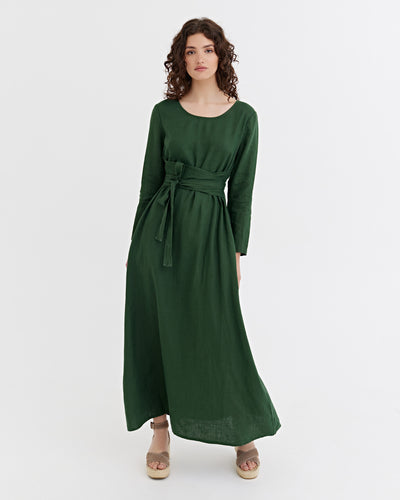 Long linen dress GRENADA in Deep green | MagicLinen modelBoxOn