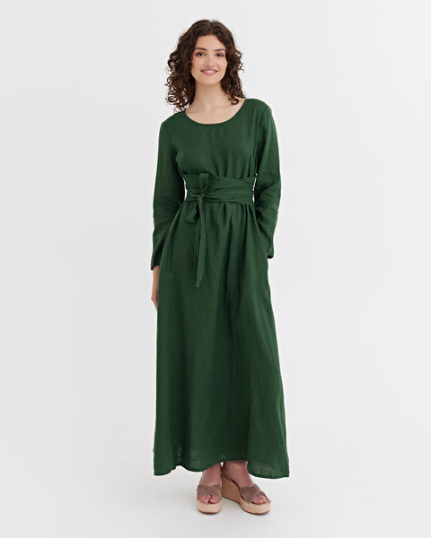 Long Linen Dress Grenada in Deep Green