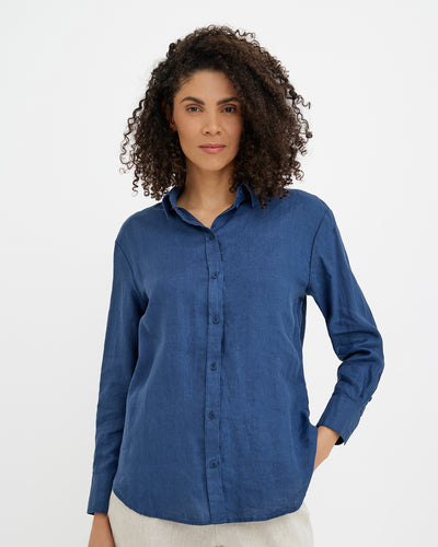 MagicLinen Deep navy blue Long-Sleeve Linen Shirt CORSICA, 100% European flax linen 200 gsm plain weave modelBoxOn