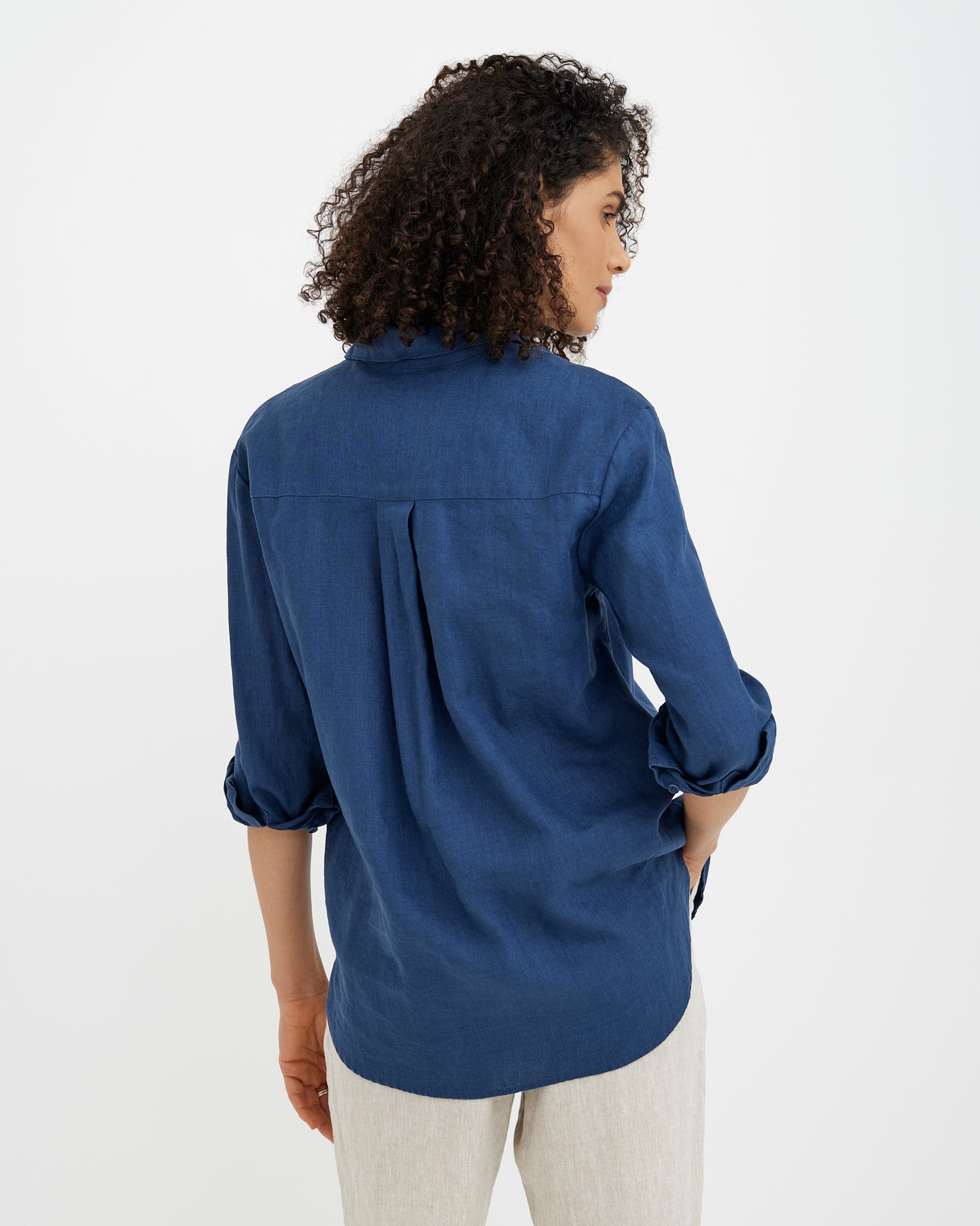 MagicLinen Deep navy blue European flax linen shirt, plain weave texture detail