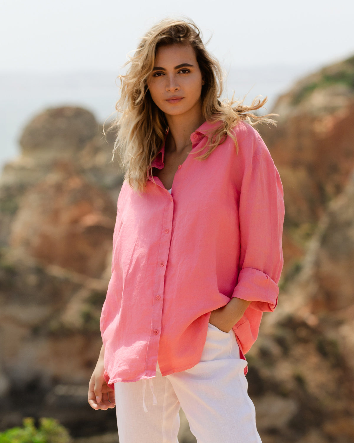 Long Sleeve Linen Shirt CORSICA Flamingo