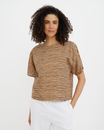 MagicLinen Brown Inked Lines Linen Top PREILA, 100% European flax linen 160 gsm plain weave  modelBoxOn