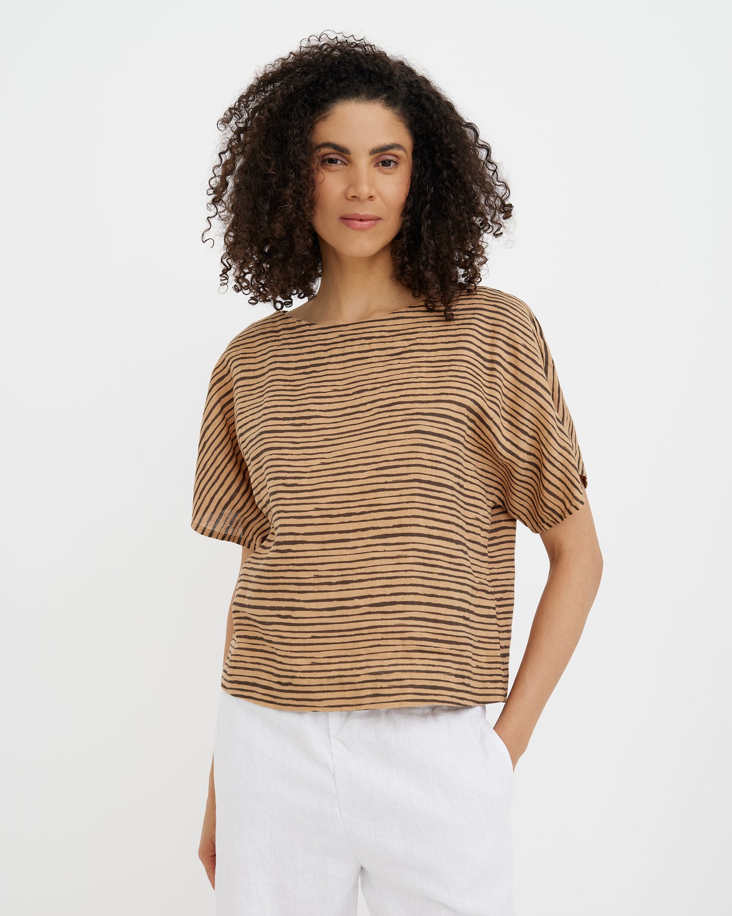 MagicLinen Brown Inked Lines Linen Top PREILA, 100% European flax linen 160 gsm plain weave  modelBoxOn