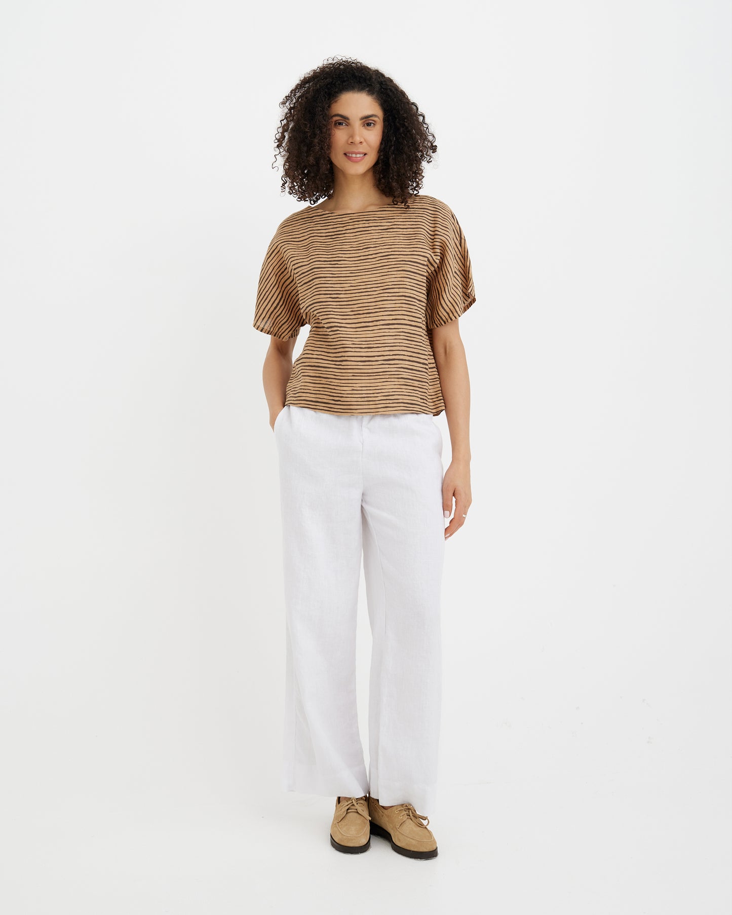 MagicLinen Brown Inked Lines PREILA relaxed-fit linen top with round neckline  