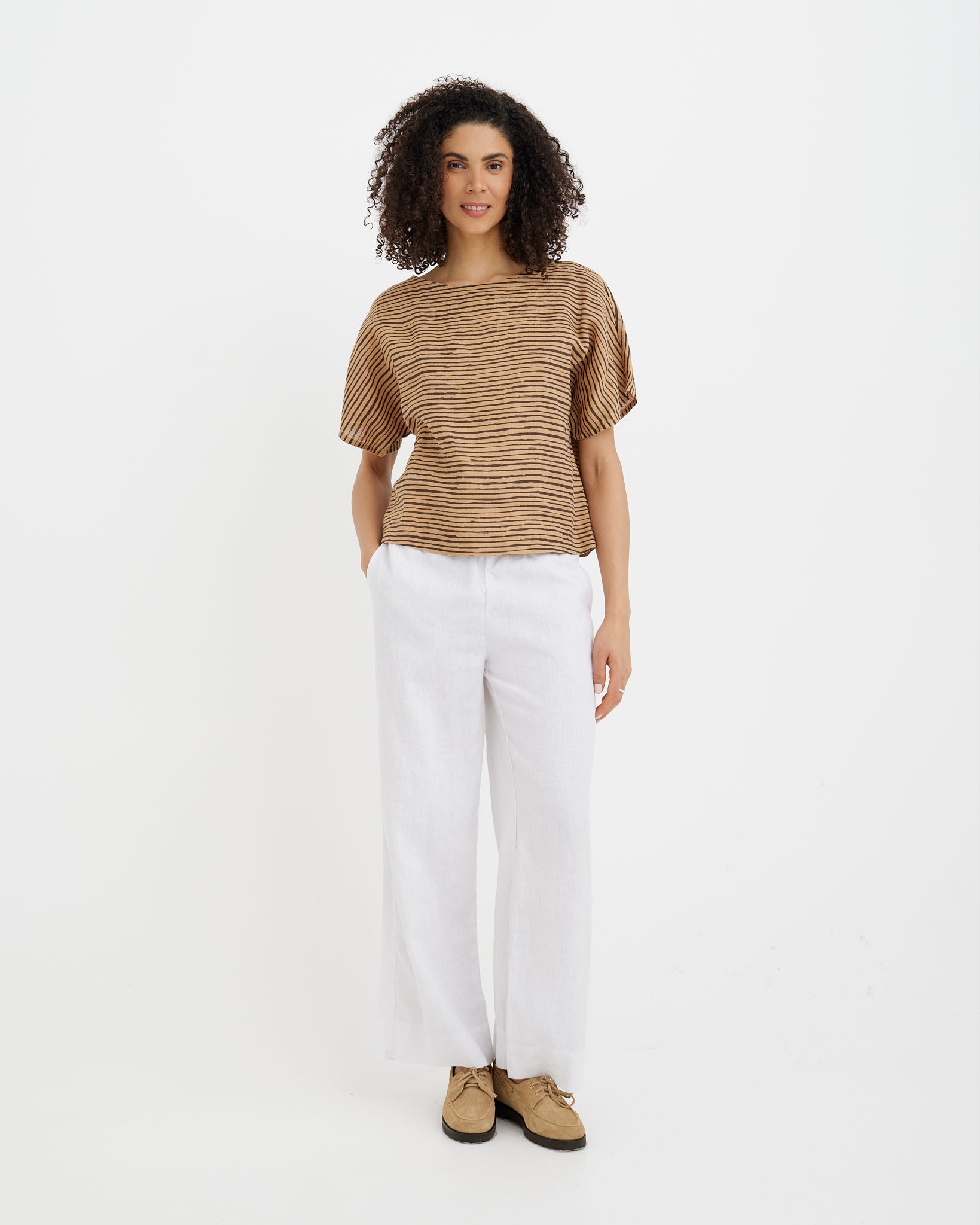 MagicLinen Brown Inked Lines PREILA relaxed-fit linen top with round neckline  