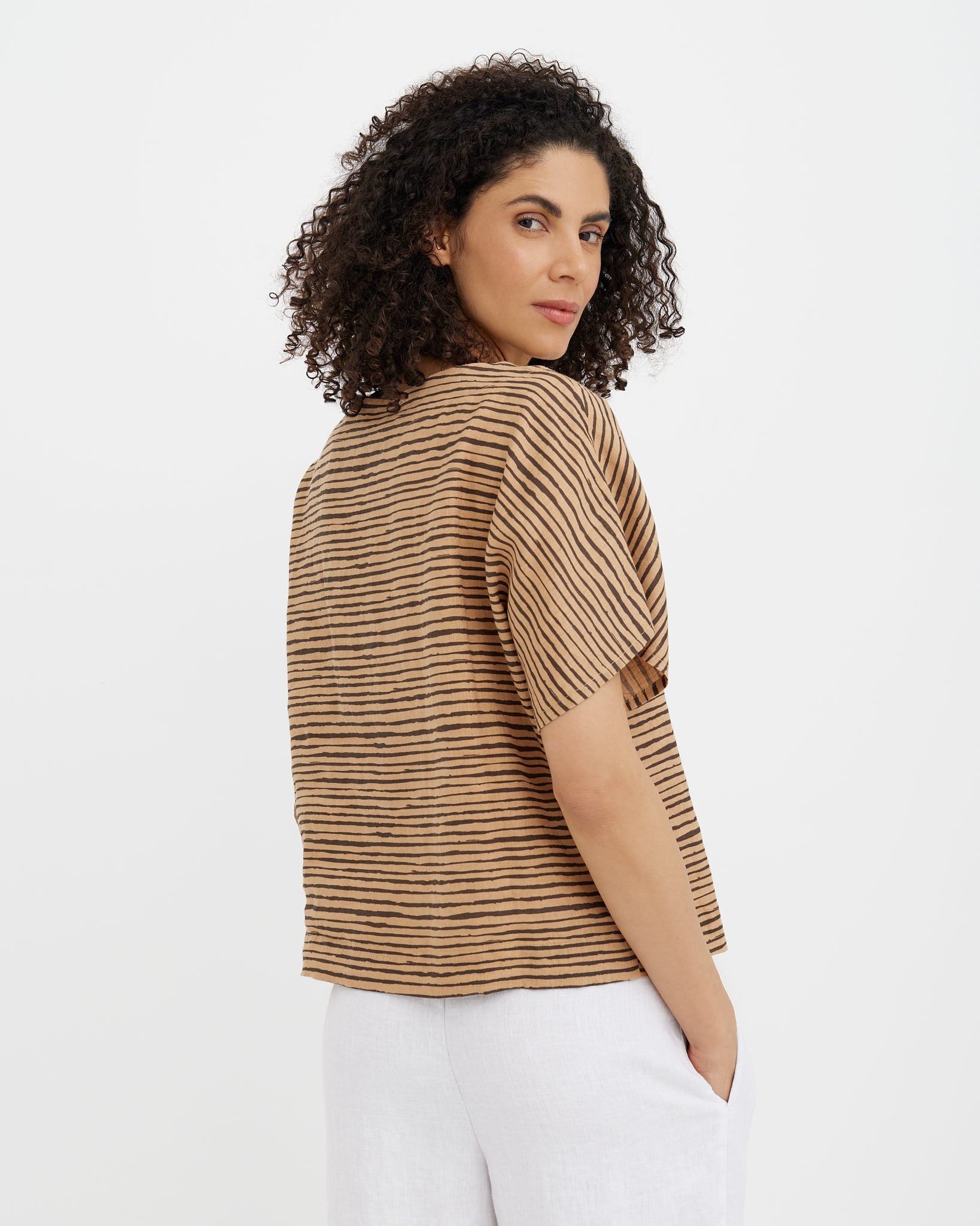 MagicLinen Brown Inked Lines women’s linen top with dropped shoulders and short sleeves  