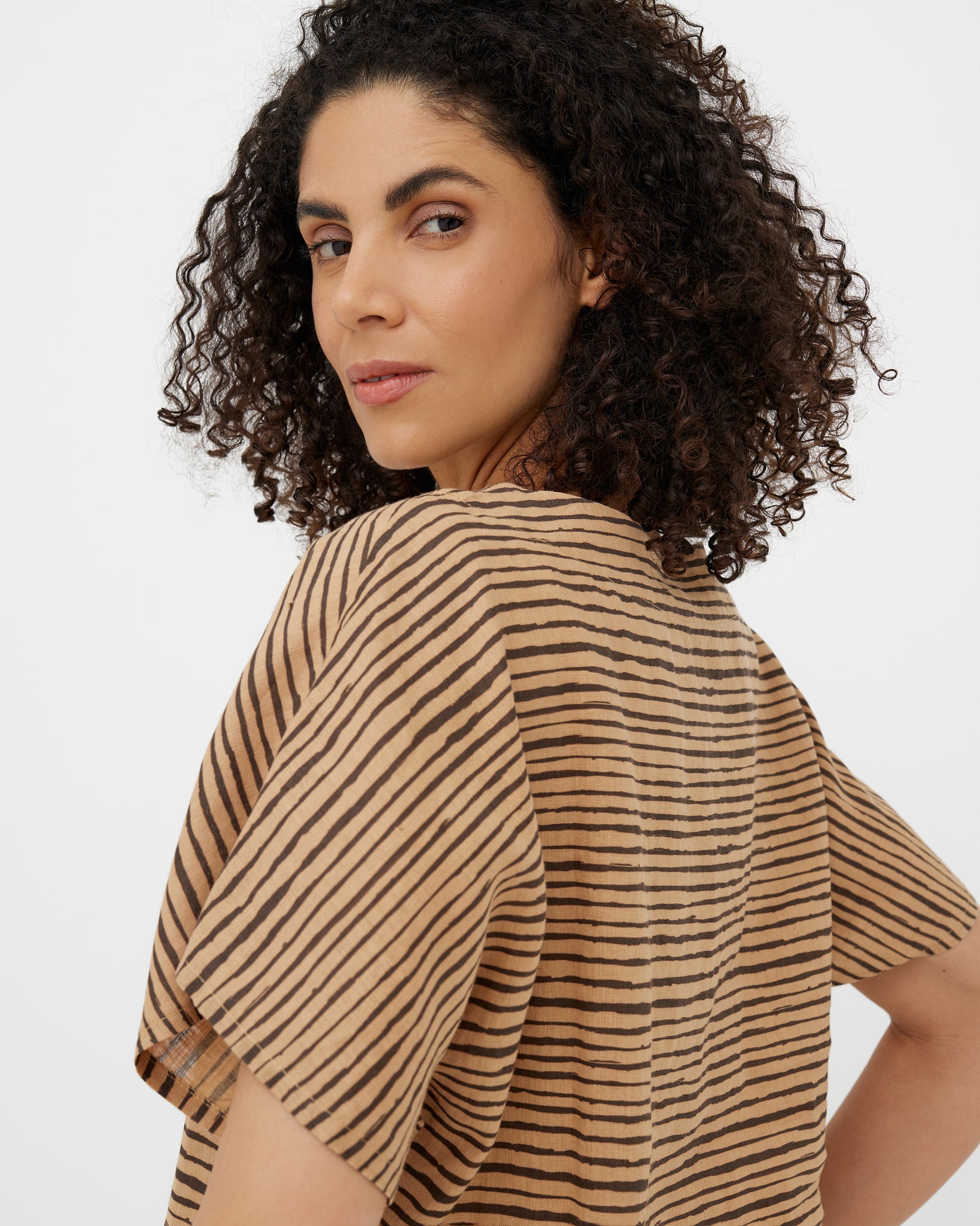 MagicLinen Brown Inked Lines European flax linen top, hip-length silhouette  