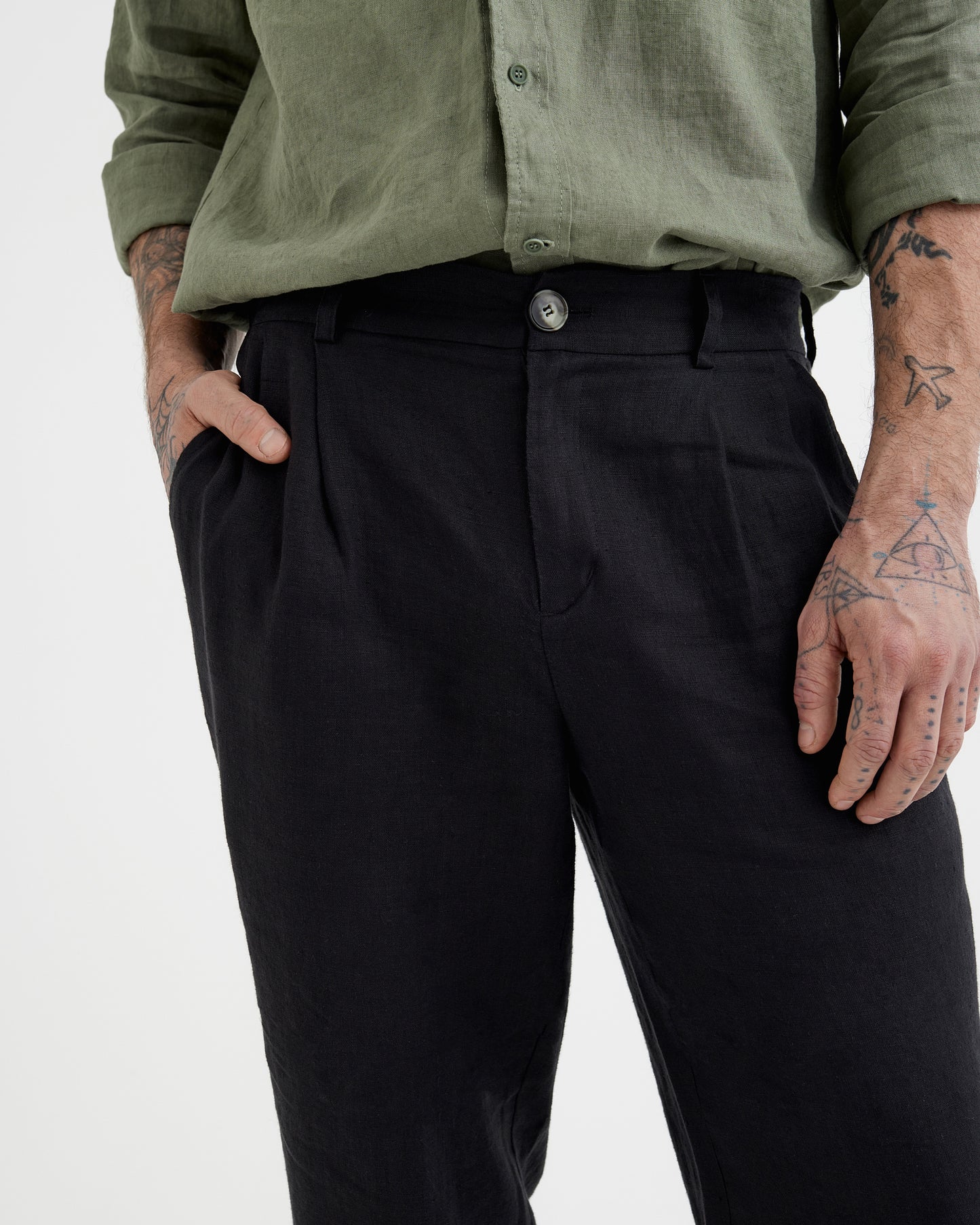 MagicLinen Black BERLIN linen pants, relaxed straight fit with mid-rise waistband