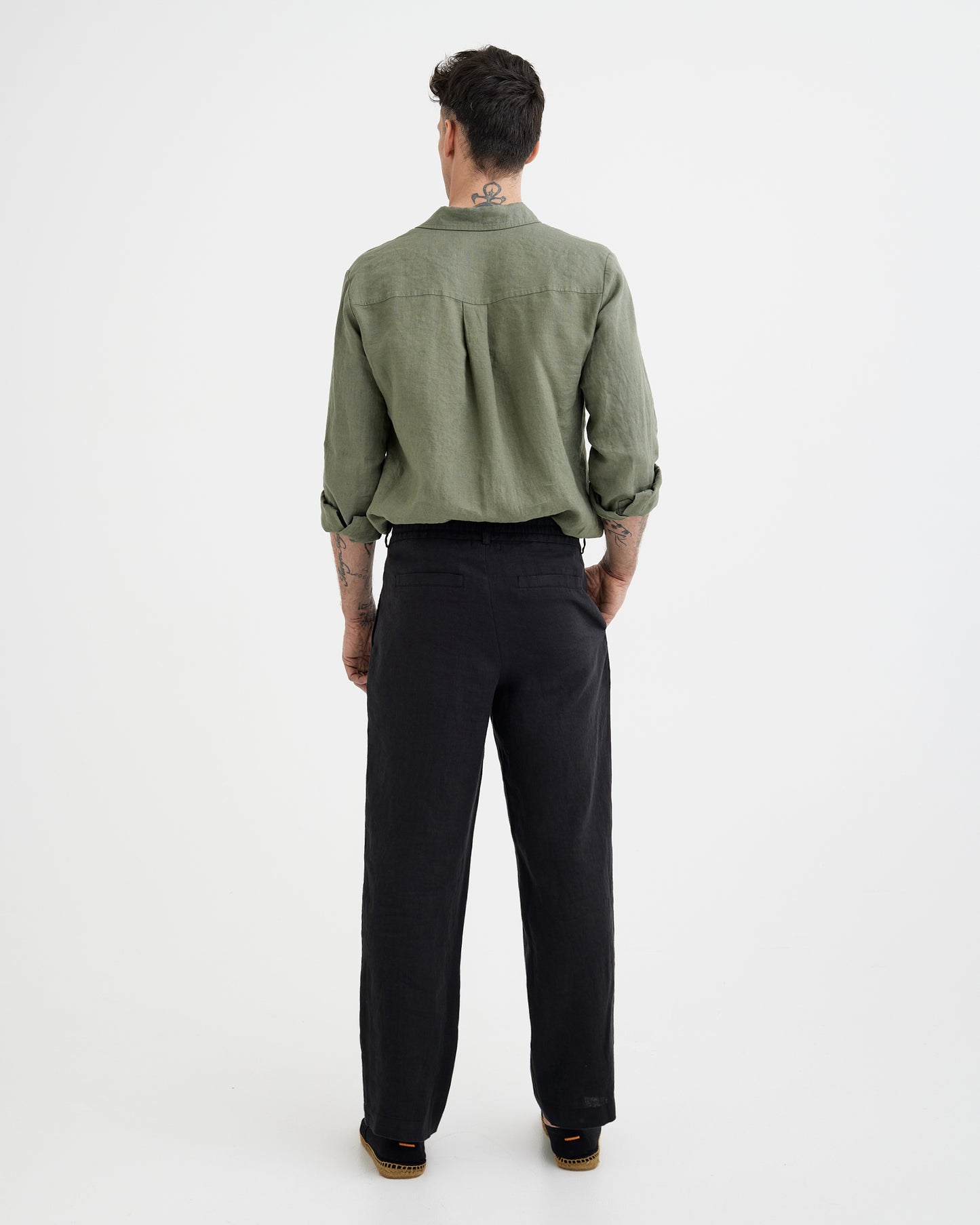 MagicLinen Black European flax linen pants, plain weave texture close-up