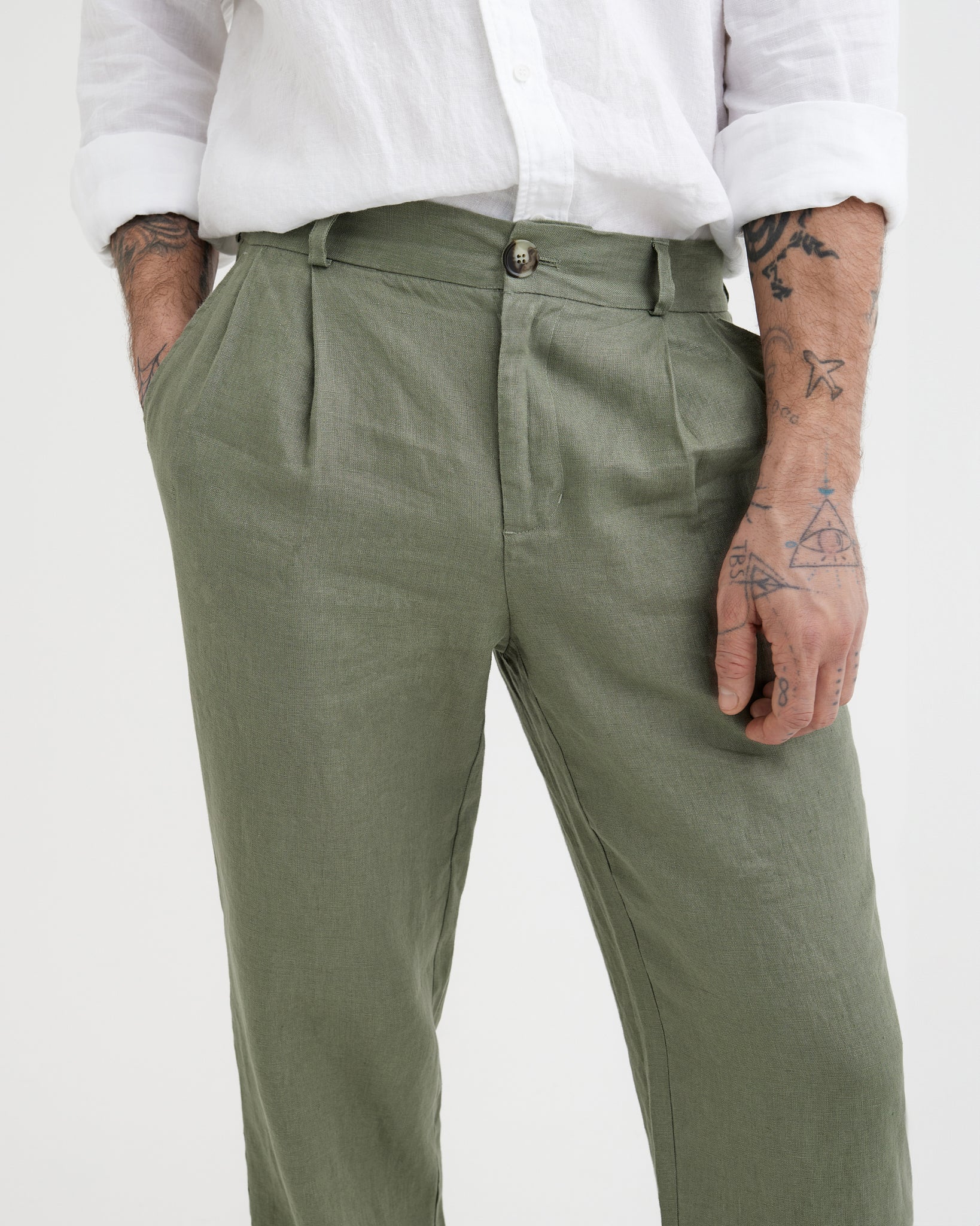 MagicLinen Mist green BERLIN linen pants, relaxed straight fit with mid-rise waistband