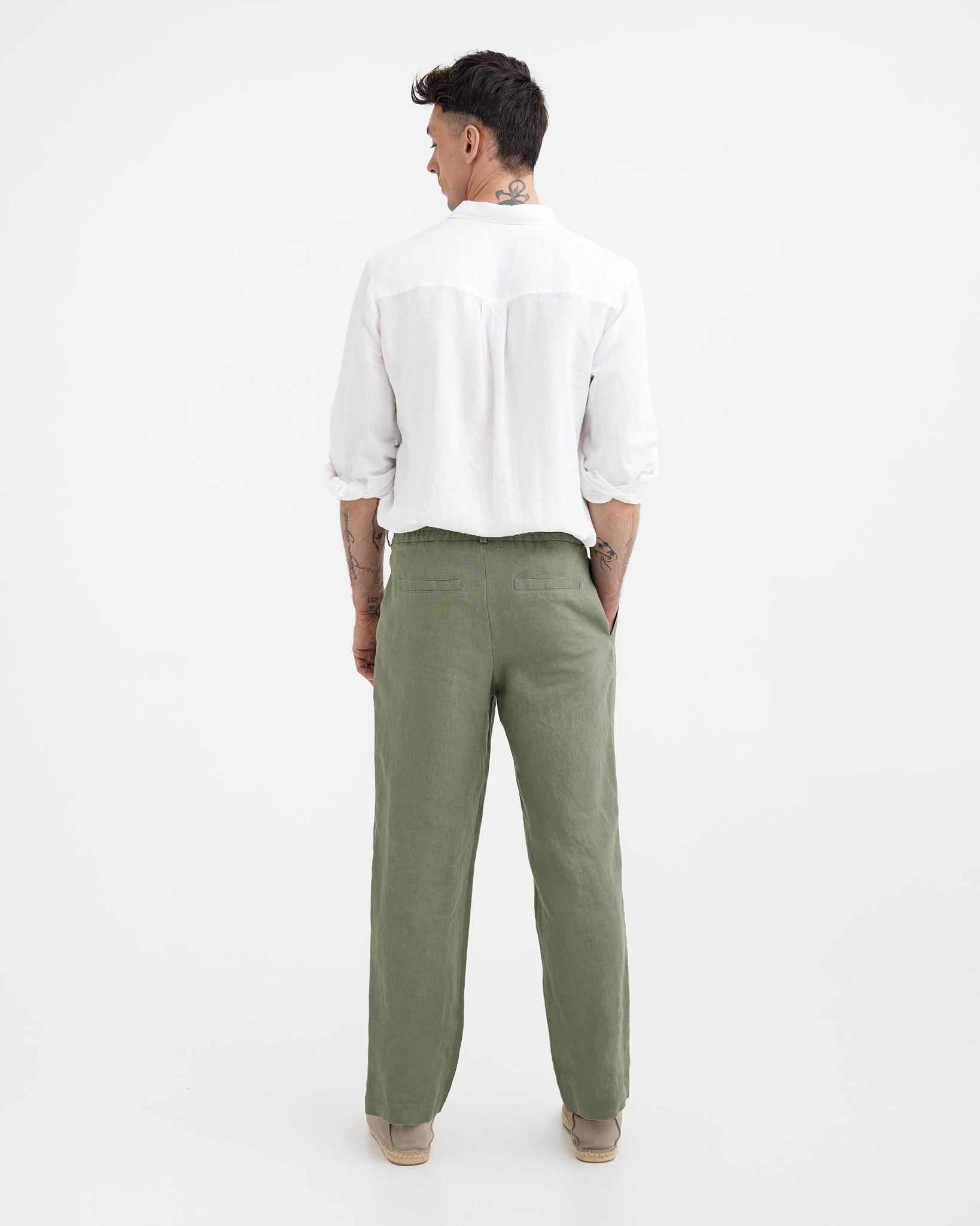 MagicLinen Mist green men’s linen pants with partially elasticated back and belt loops