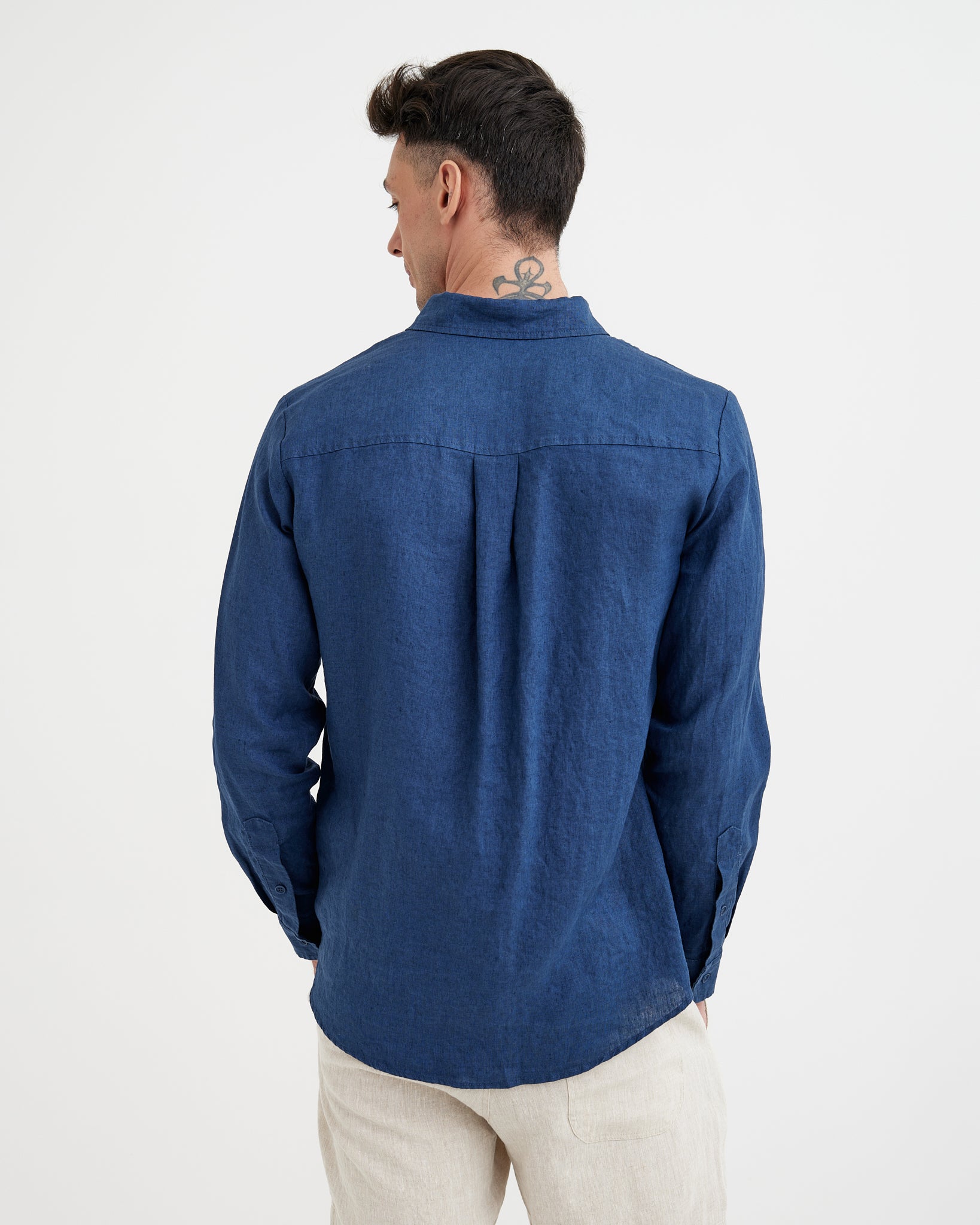 MagicLinen Deep navy blue European flax linen shirt, plain weave texture detail