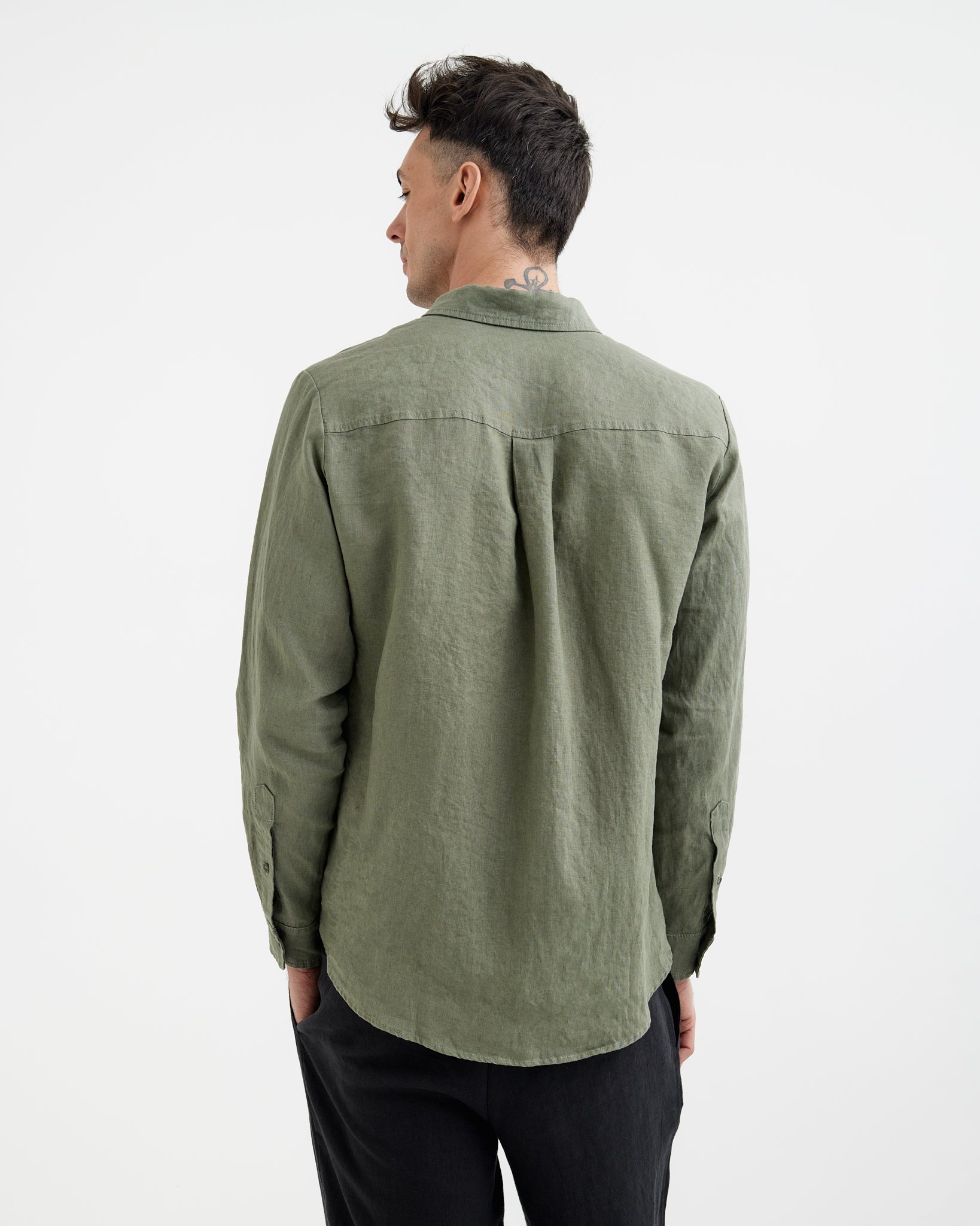 MagicLinen Mist green European flax linen shirt, plain weave texture close-up