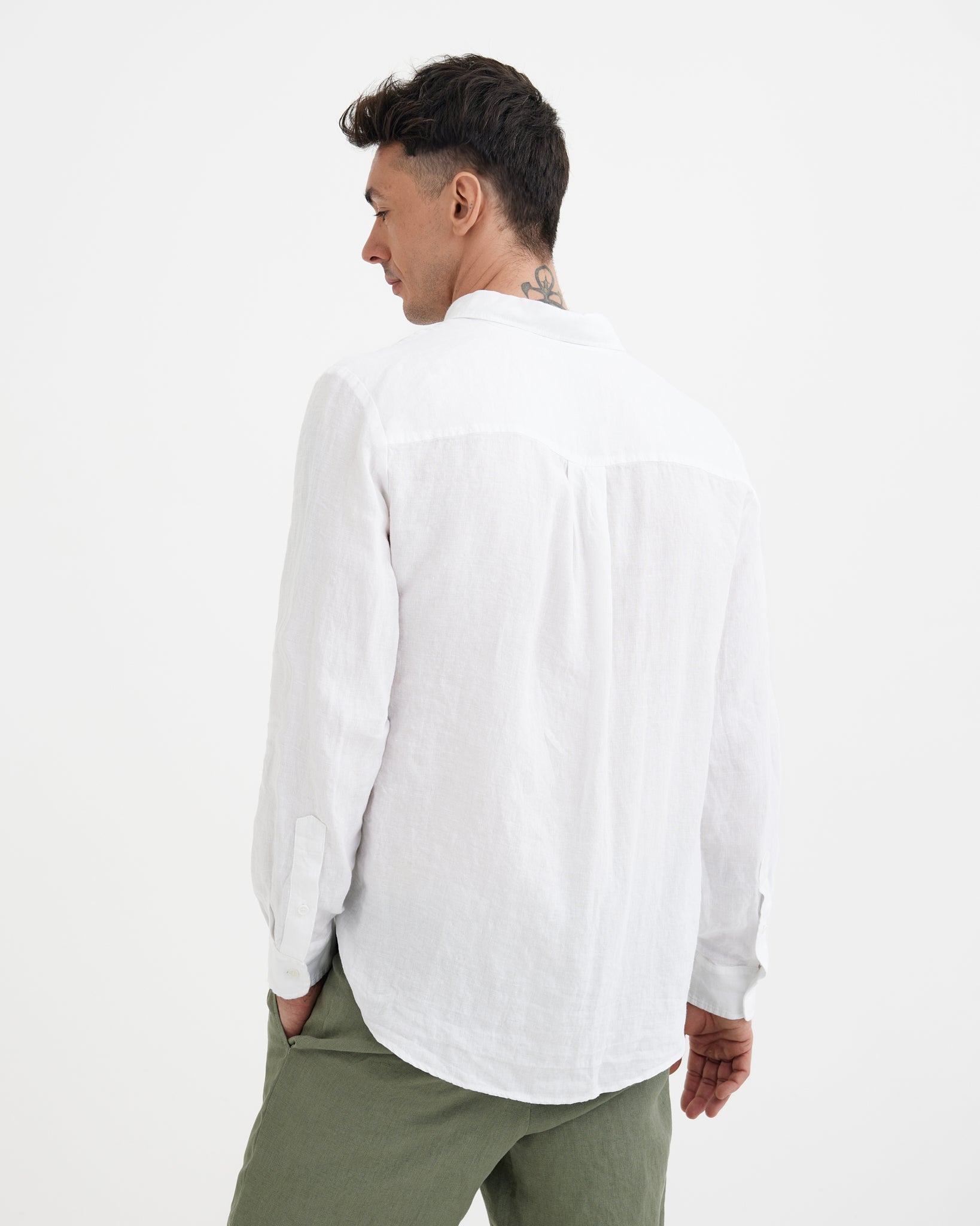 MagicLinen White European flax linen shirt, plain weave texture close-up