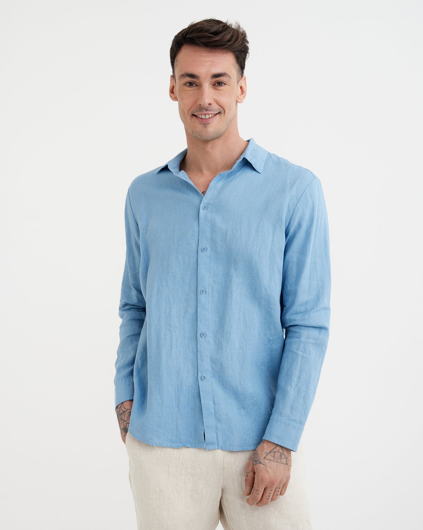 MagicLinen Soft blue Men’s Linen Shirt CHICAGO, 100% European flax linen 160 gsm plain weave modelBoxOn