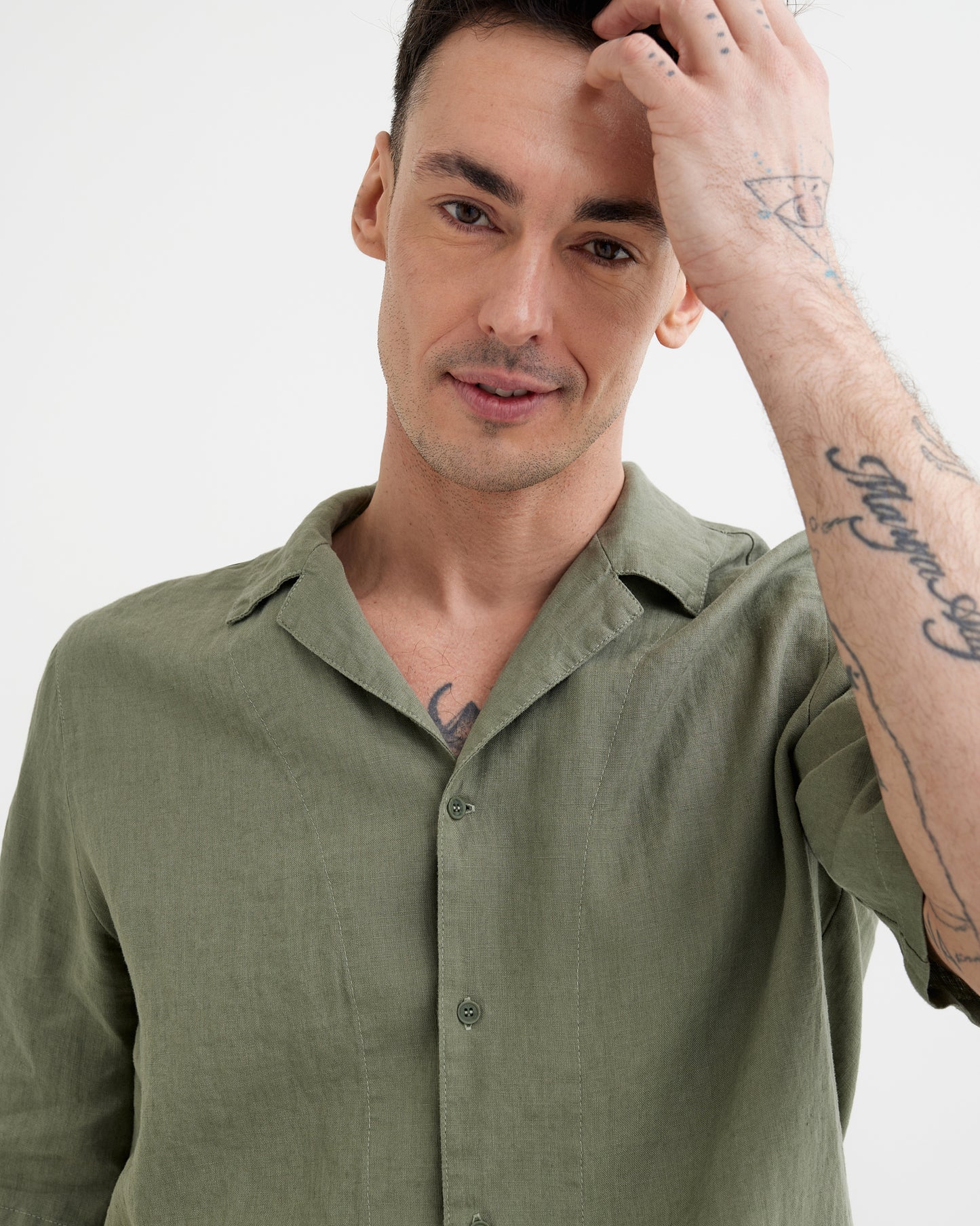 MagicLinen Mist green relaxed fit men’s linen shirt with notch collar