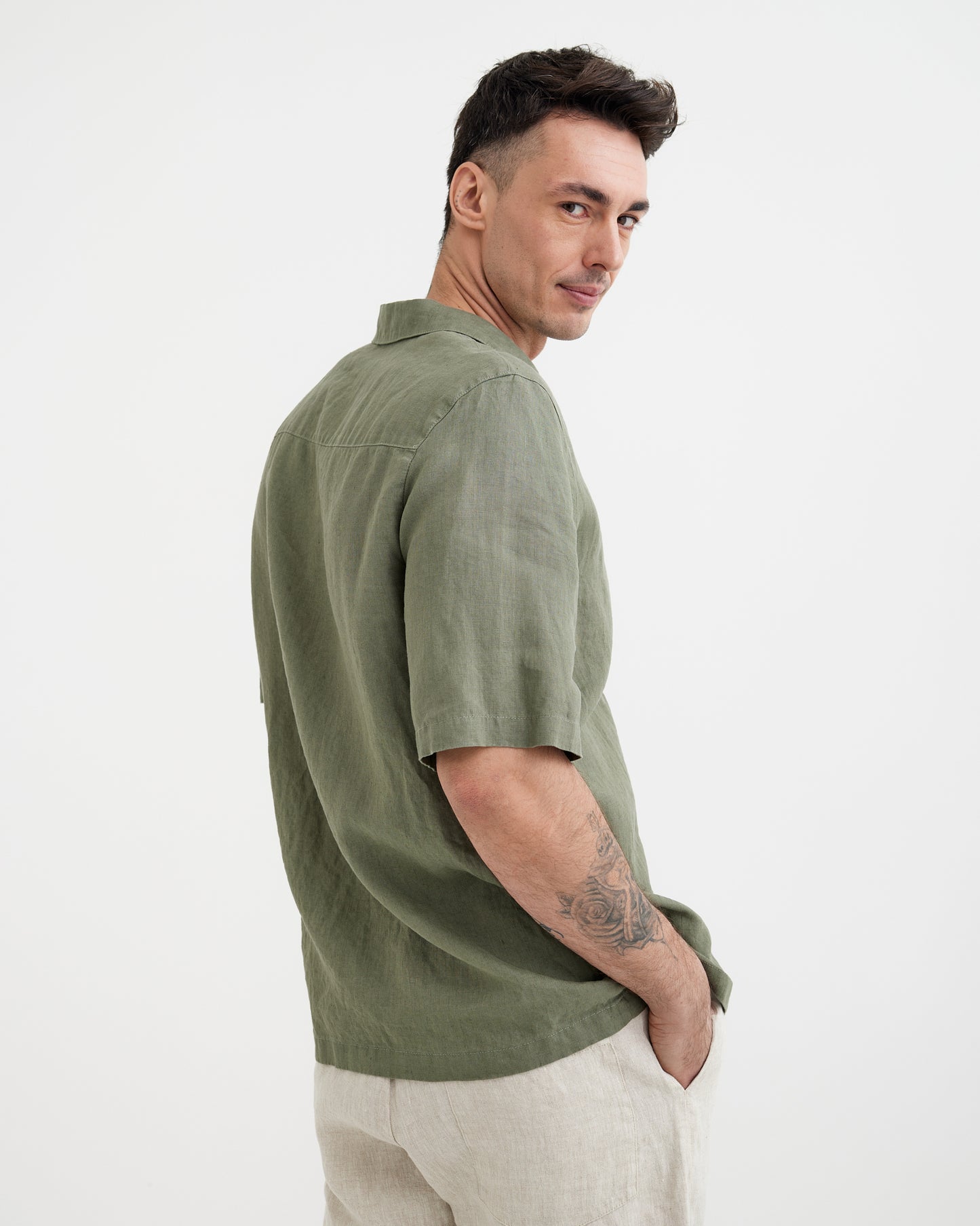 MagicLinen Mist green linen shirt with hip-length coverage