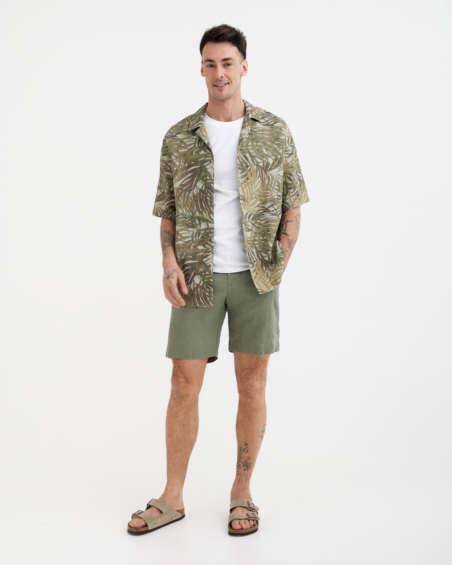 MagicLinen Tropical palms print relaxed fit linen shirt with notch collar