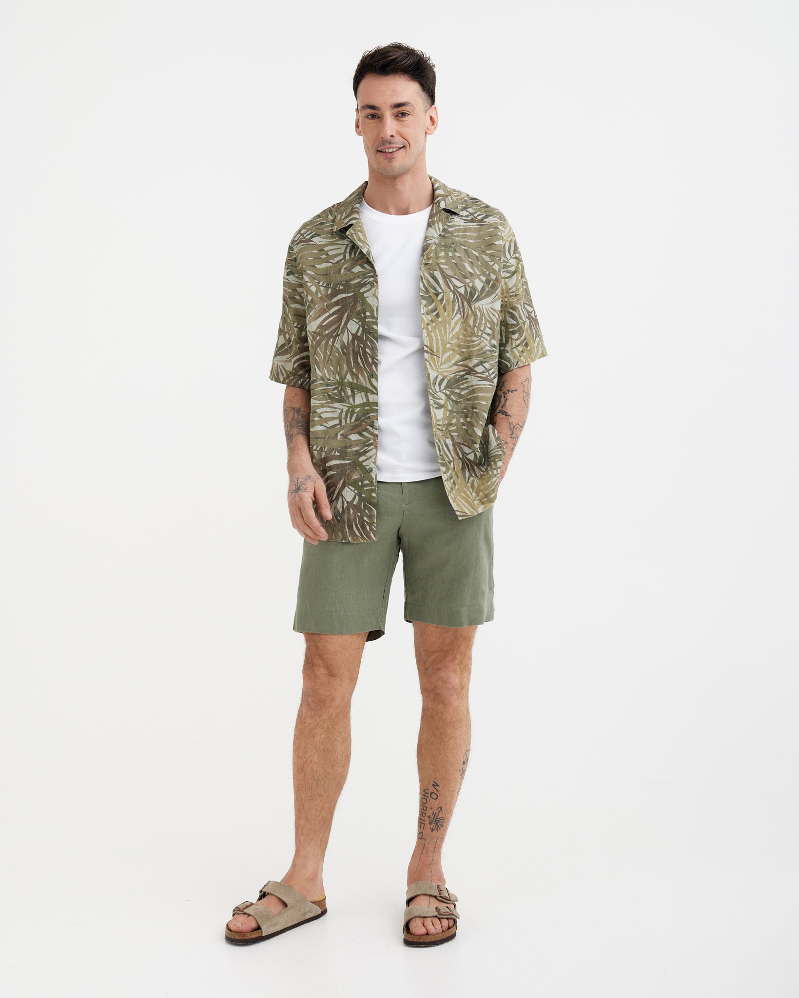 MagicLinen Tropical palms print relaxed fit linen shirt with notch collar