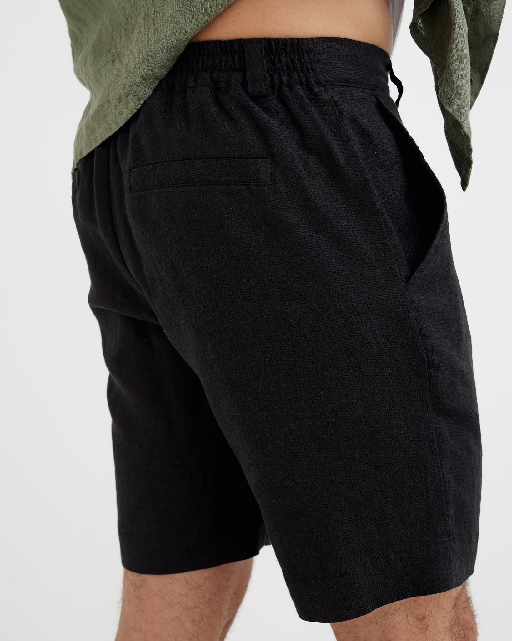 MagicLinen Black MONTREAL shorts with back welt pockets and belt loops  