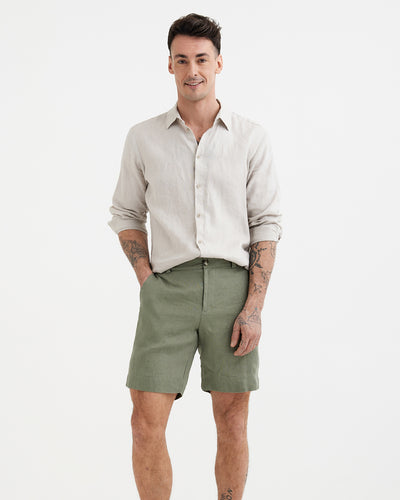 MagicLinen Mist green Men’s Linen Shorts MONTREAL, 100% European flax linen 180 gsm  modelBoxOn