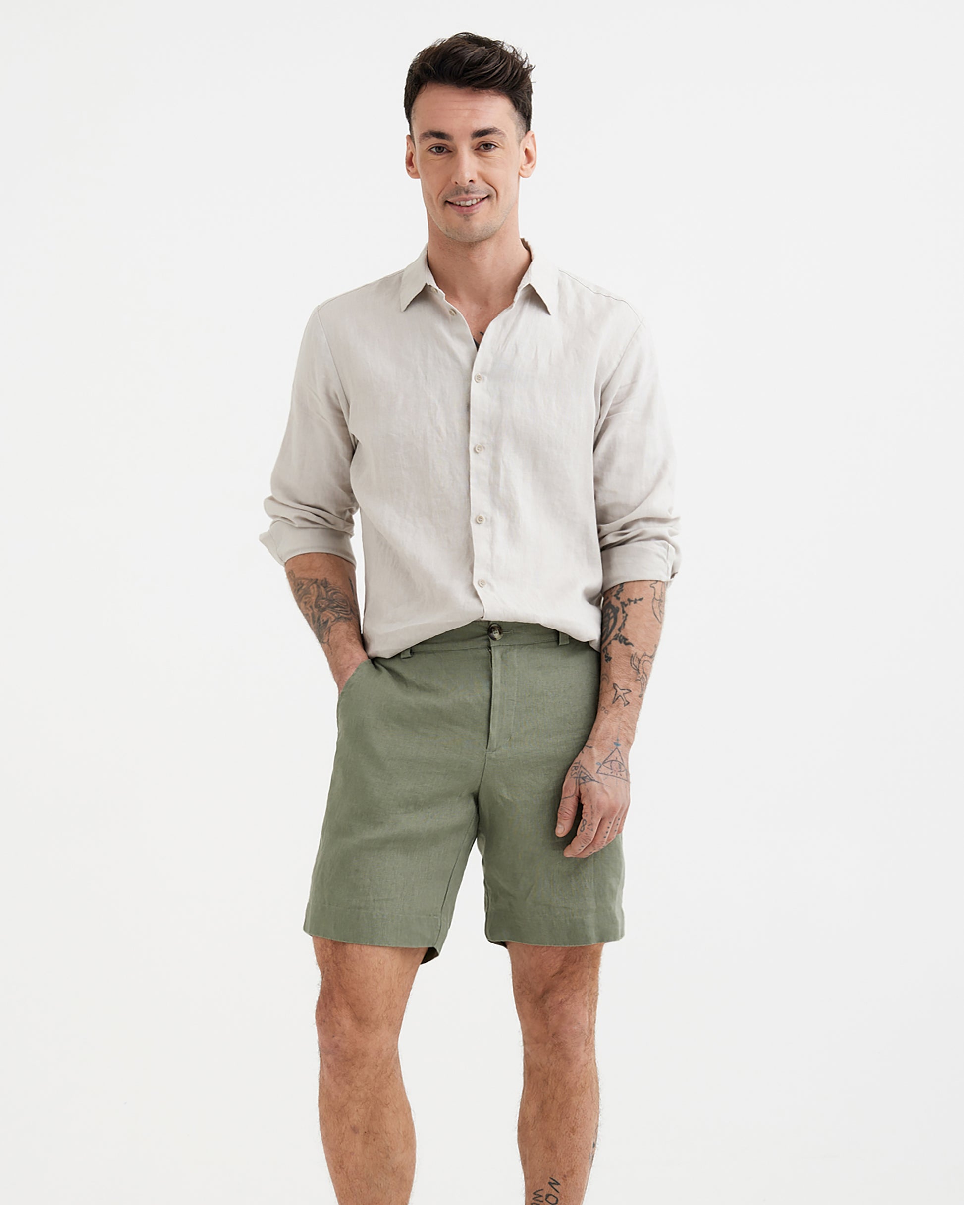 MagicLinen Mist green MONTREAL Bermuda shorts, fitted mid-rise silhouette  