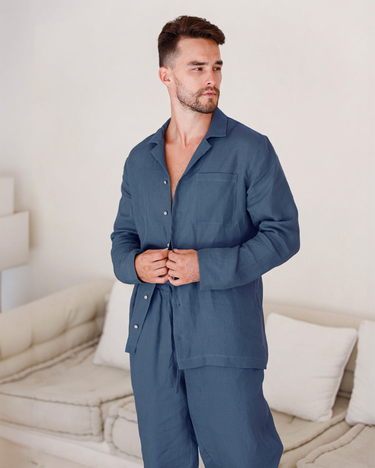 Men's linen pajama set VIGO in Deep navy blue