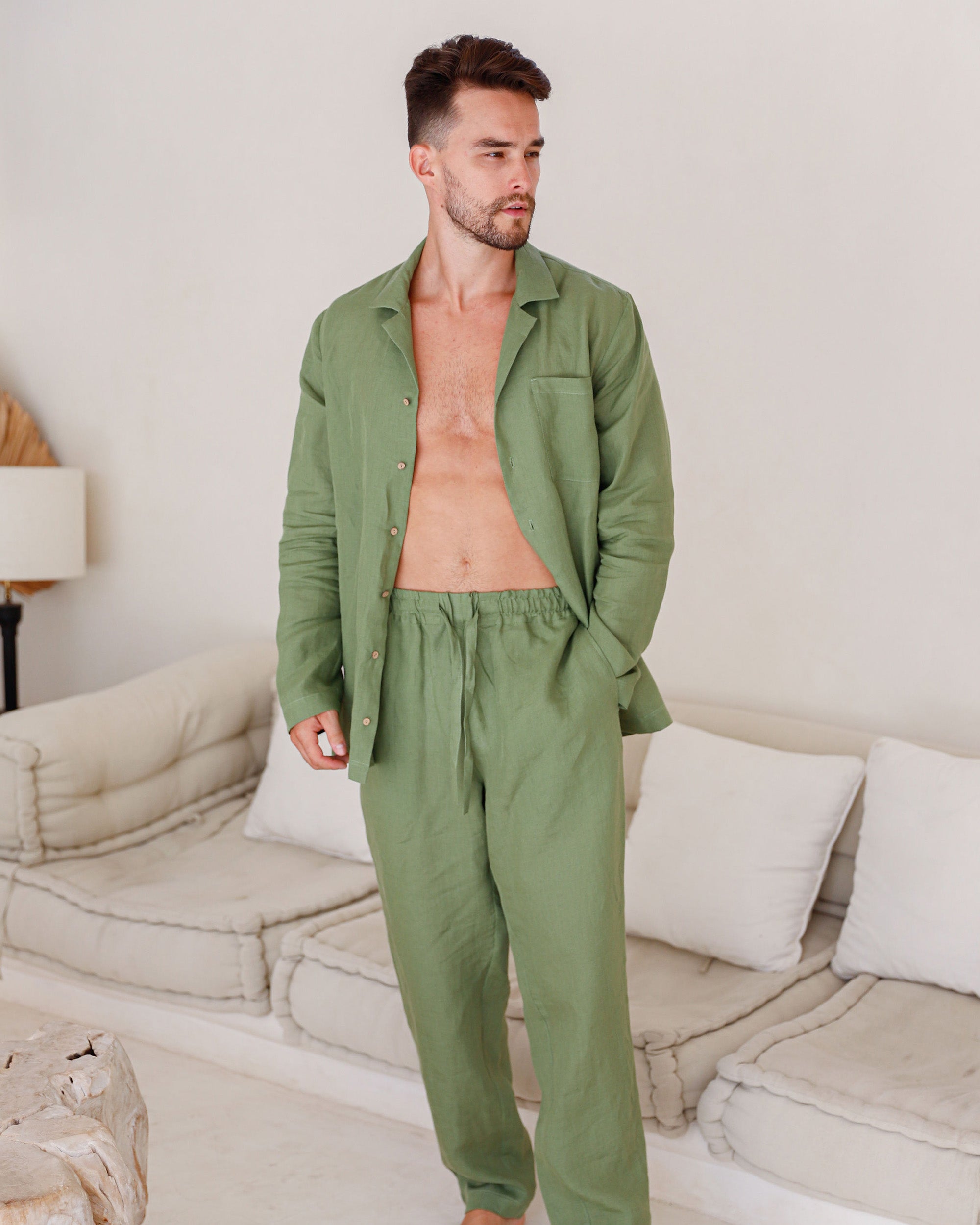 Men s linen pajama set VIGO in Forest green MagicLinen