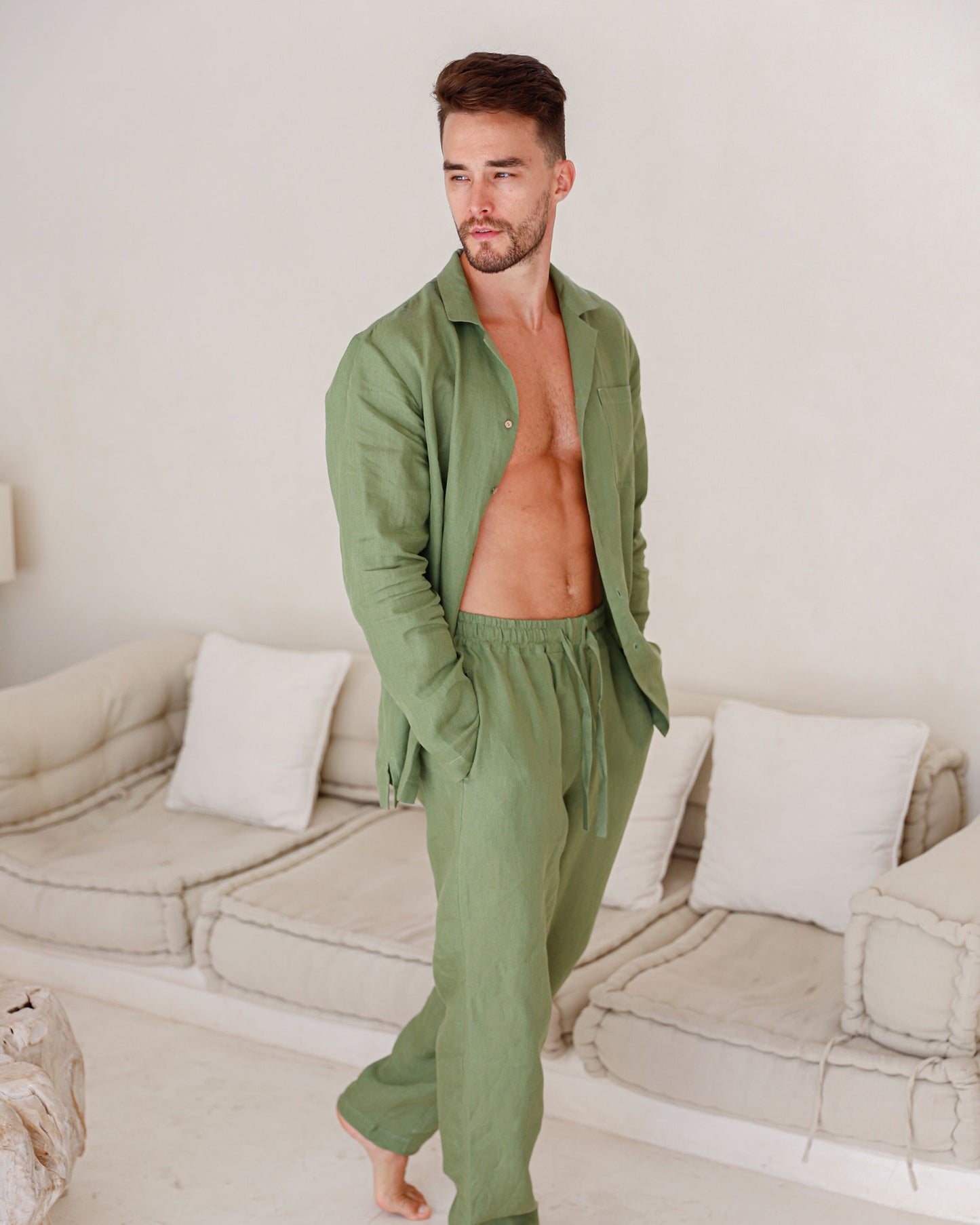Men's linen pajama set VIGO in Forest green - MagicLinen