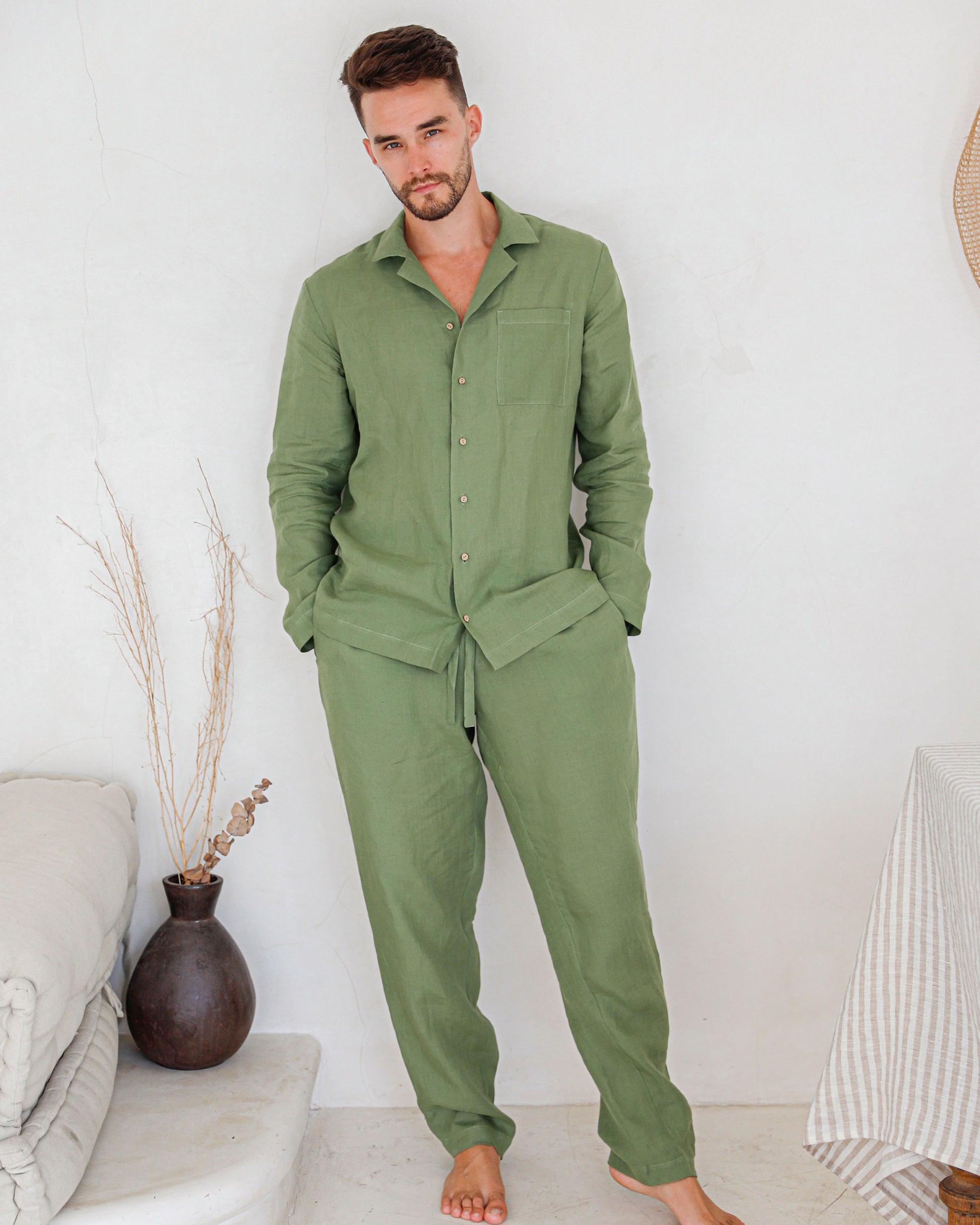 Men's linen pajama set VIGO in Forest green