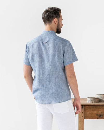 Short sleeve men's linen shirt HVAR in Blue melange - MagicLinen
