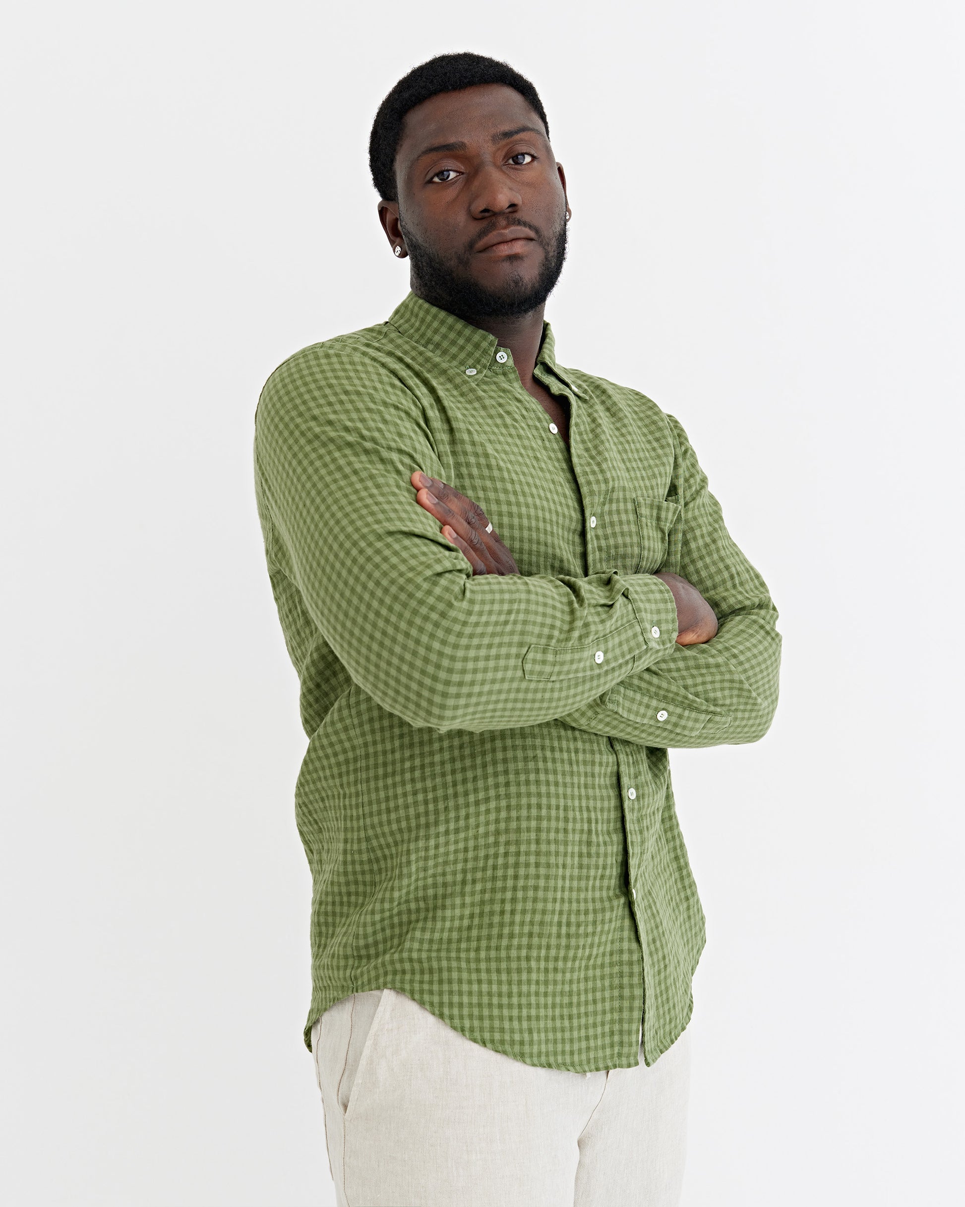 mens green gingham dress shirt Men's linen shirt PERUGIA in Mono green gingham