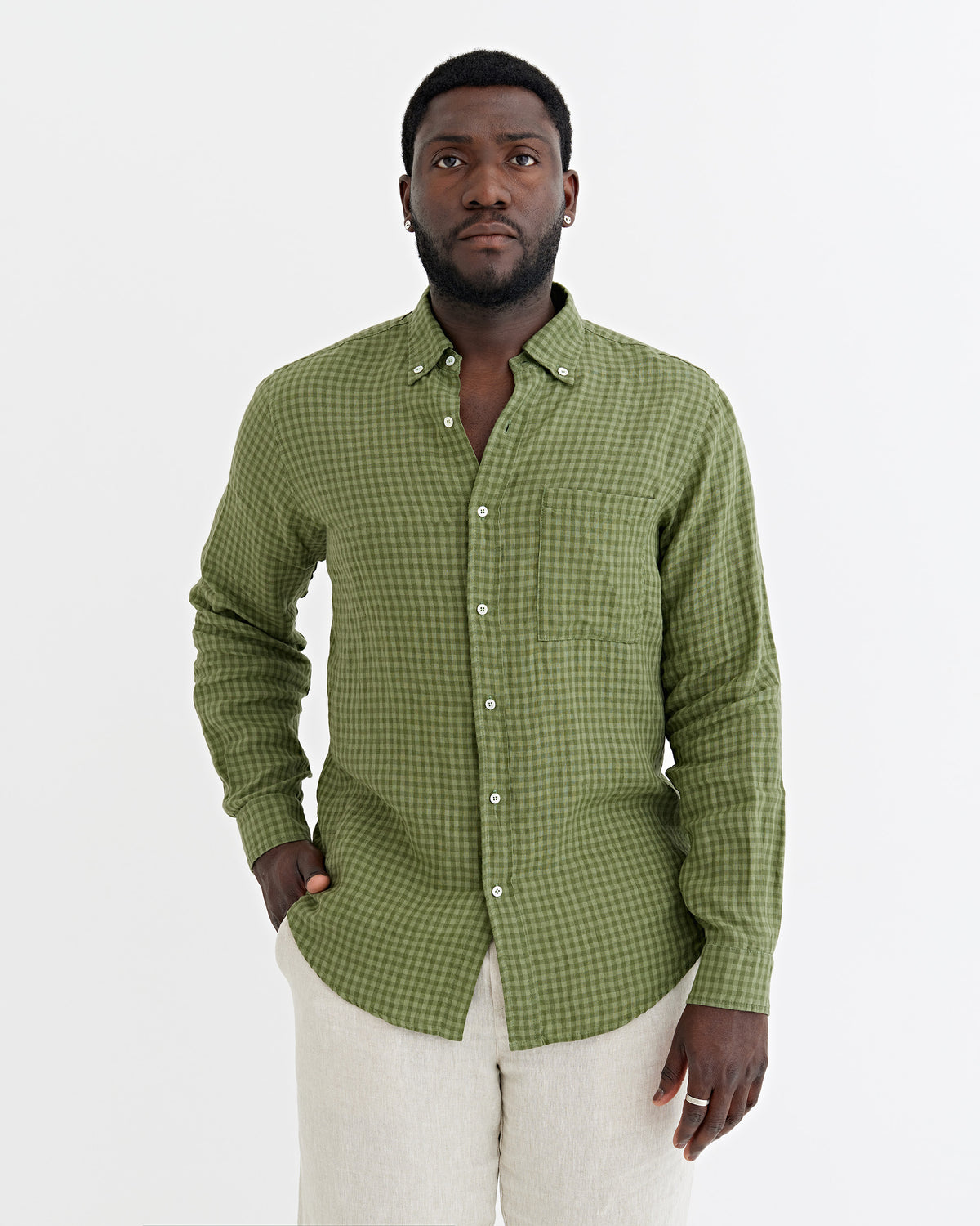 green gingham dress shirt Men's linen PERUGIA in Mono V Back Design
