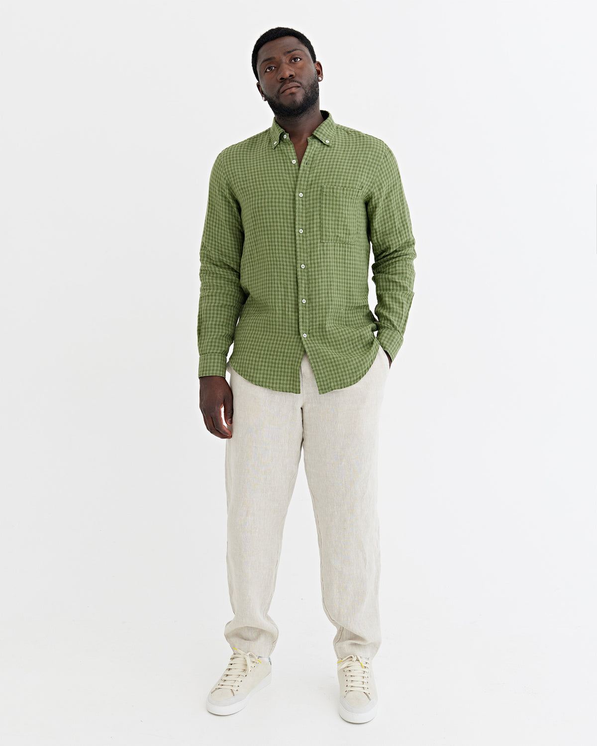 Men's linen shirt PERUGIA in Mono green gingham