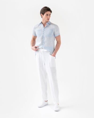 Short sleeves linen shirt PORTLAND in pinstripe blue - MagicLinen