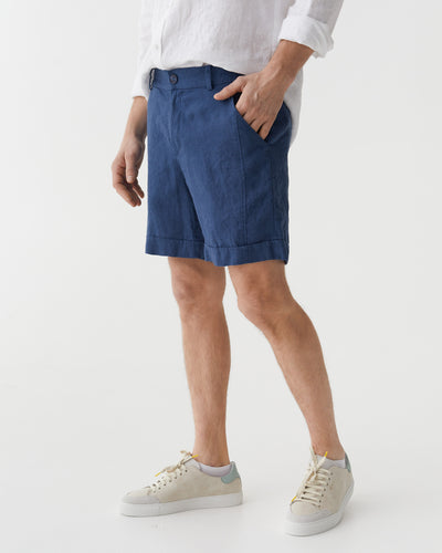 Men's Linen Shorts FAROE in Deep navy blue | MagicLinen modelBoxOn