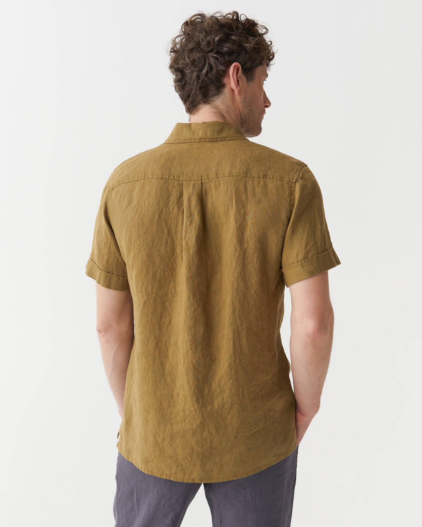 Men's short sleeves linen shirt VERBIER in Khaki green | MagicLinen