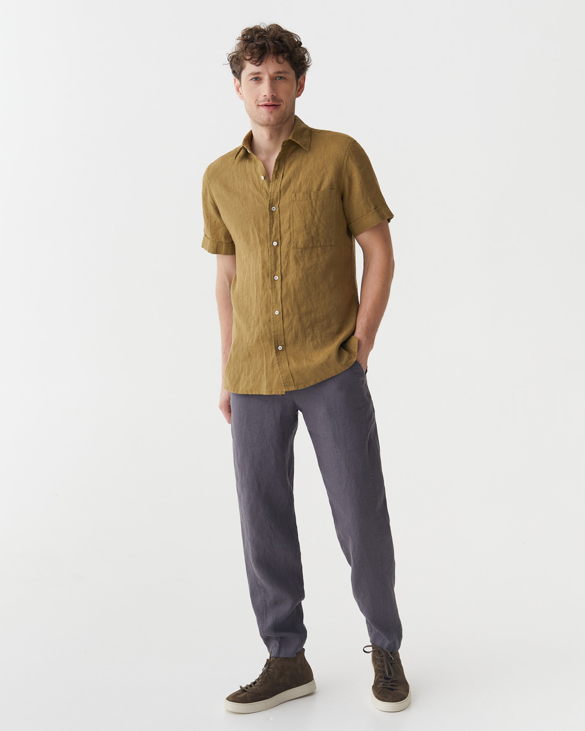 Men's short sleeves linen shirt VERBIER in Khaki green | MagicLinen