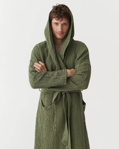 Men's Waffle Linen Robe in Forest Green | MagicLinen