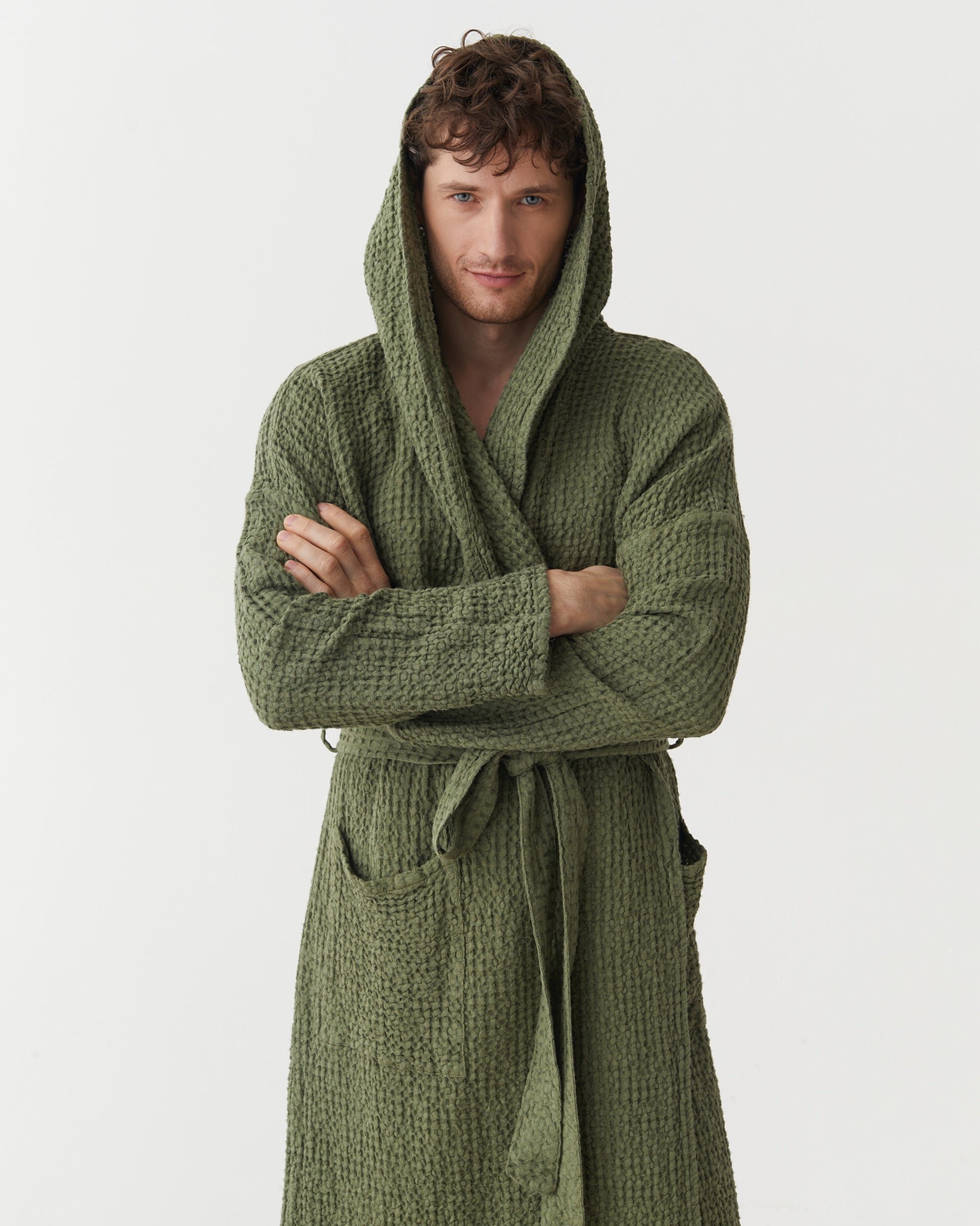 mens cotton waffle dressing gown Men's waffle Robe in Beige S/M
