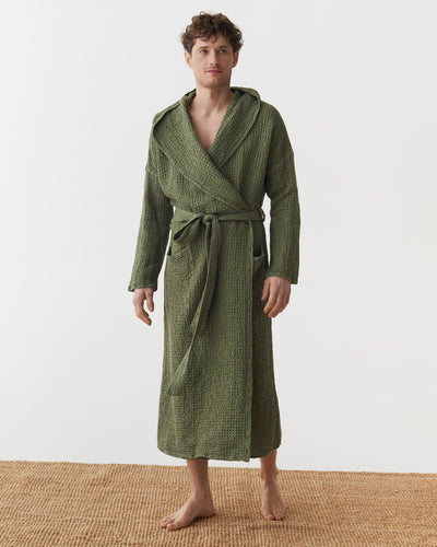 Men's Waffle Linen Robe in Forest Green | MagicLinen