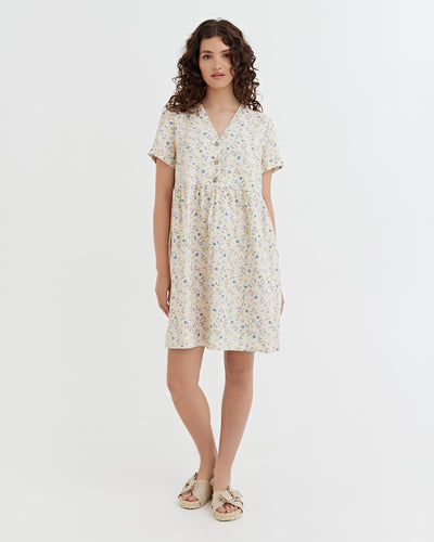 Midi linen dress MACEIO in Tiny blooms | MagicLinen modelBoxOn