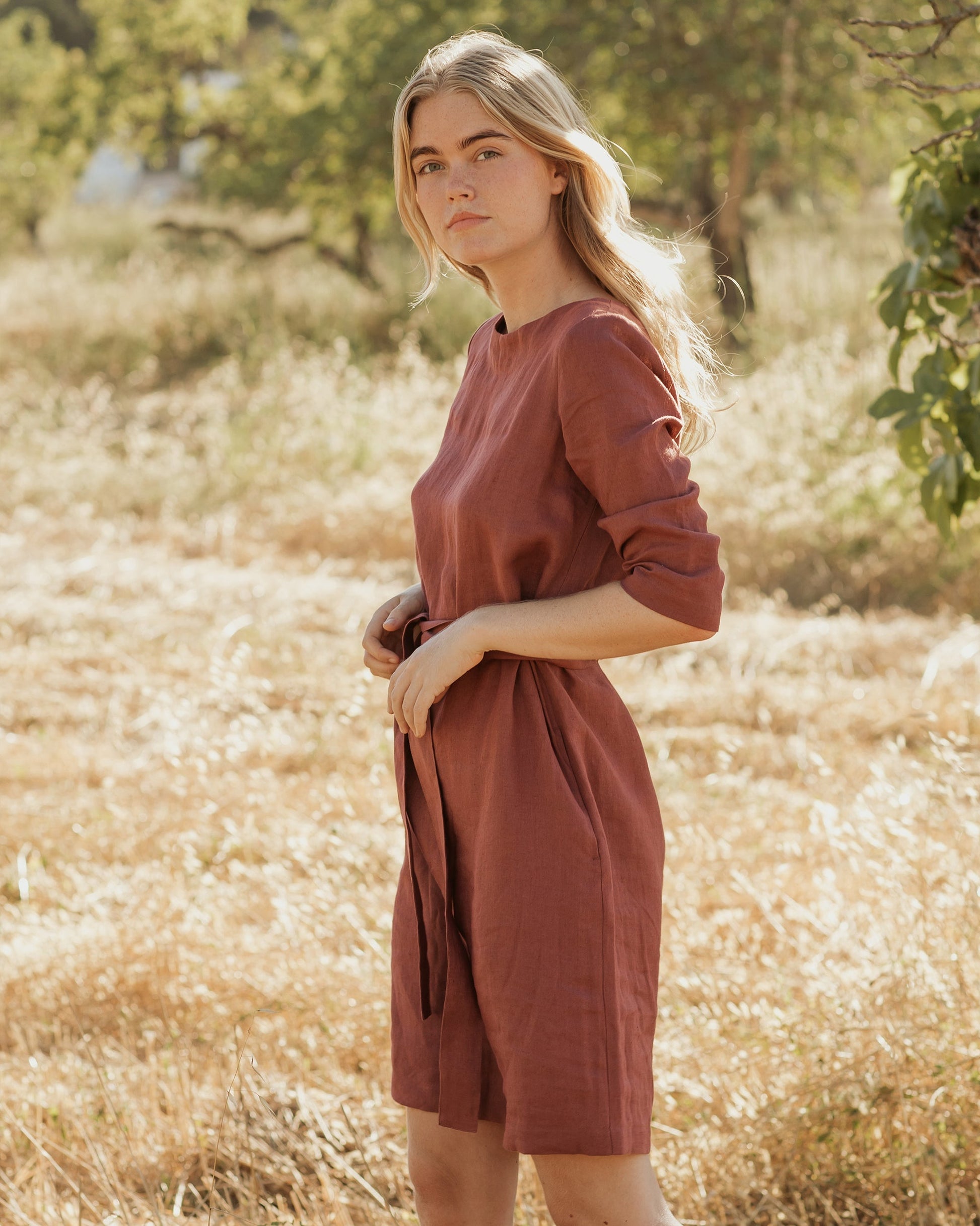 Midi linen dress SOLLER in Plum - MagicLinen