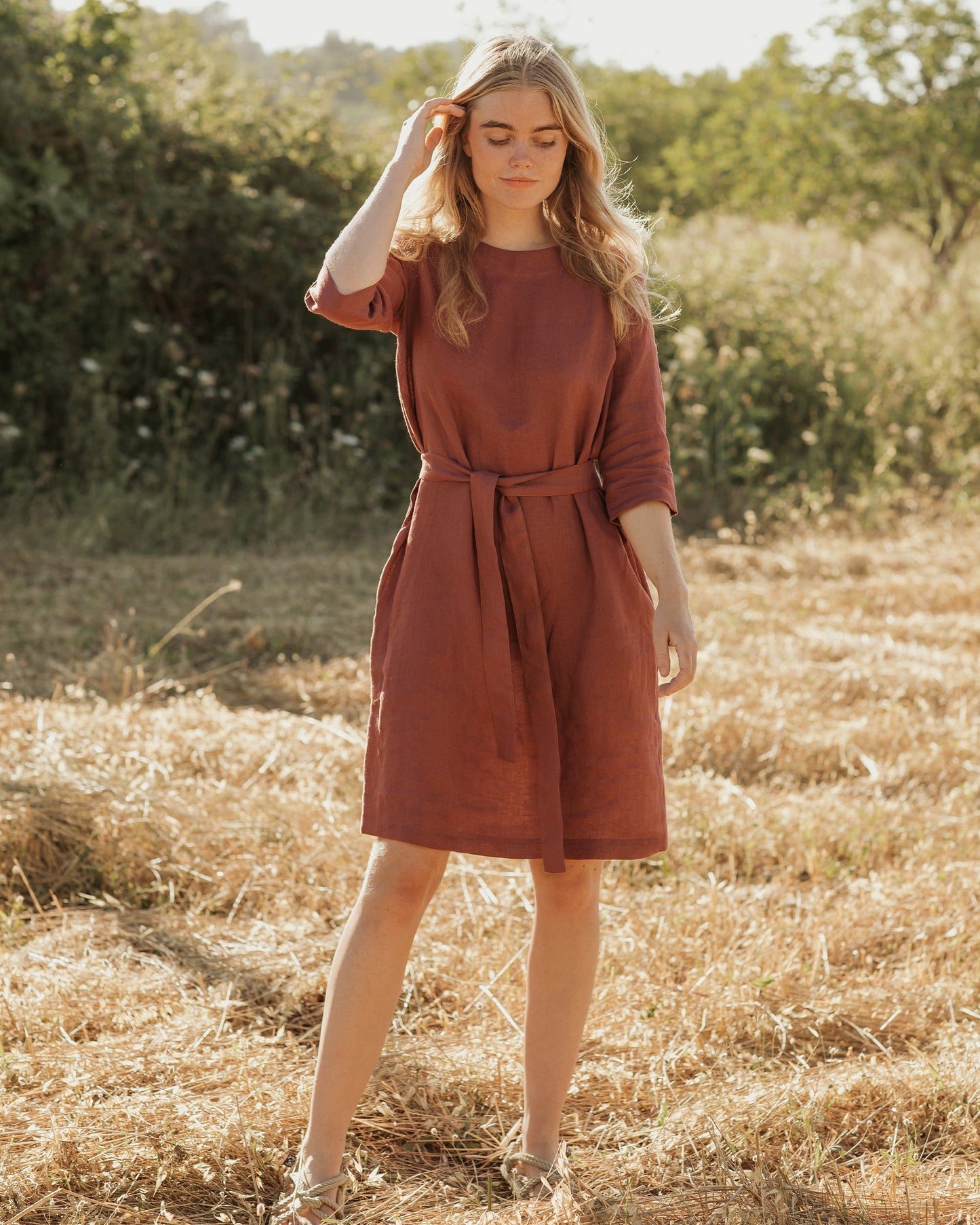 Midi linen dress SOLLER in Plum - MagicLinen