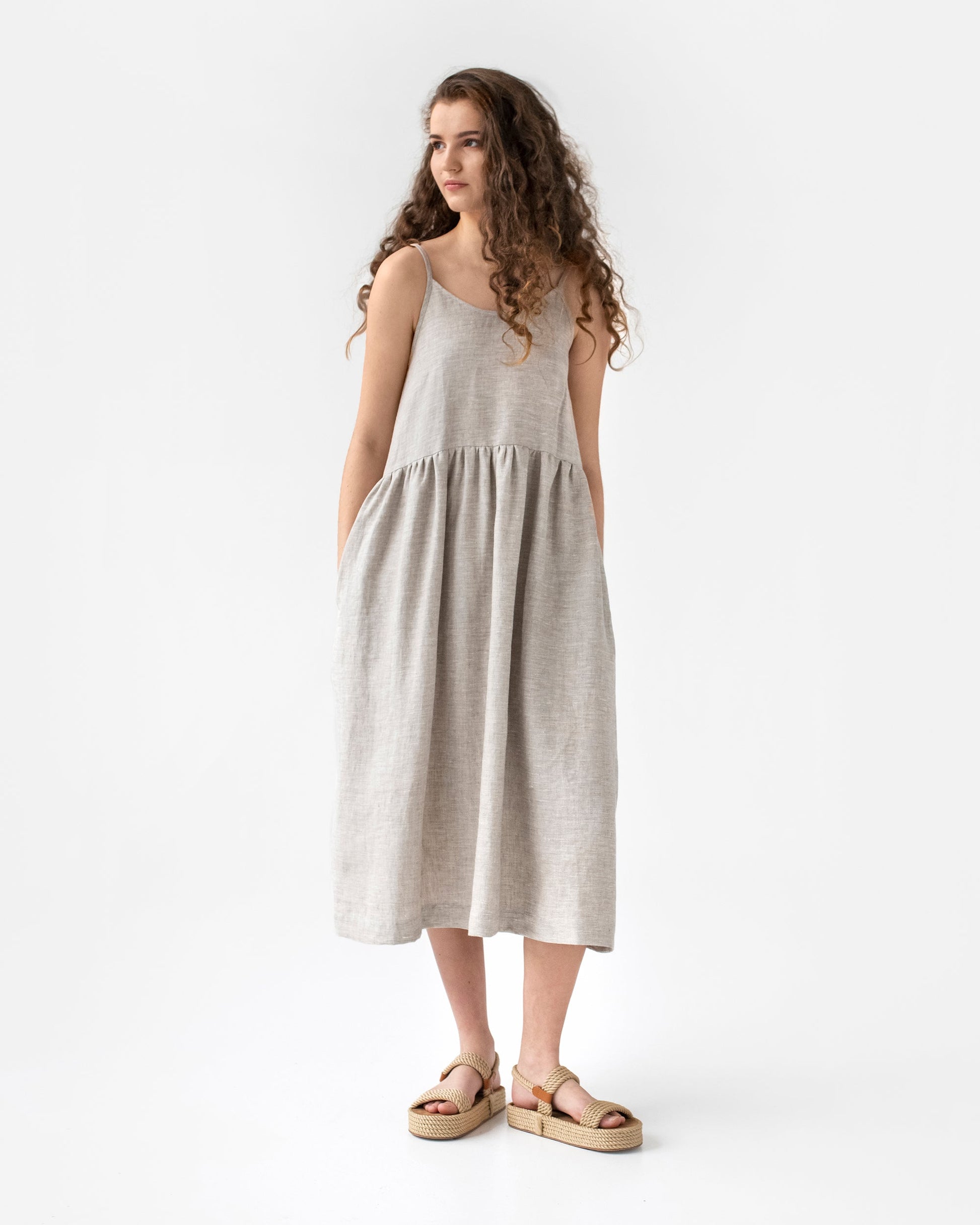 Midi linen dress VENICE in natural melange - MagicLinen