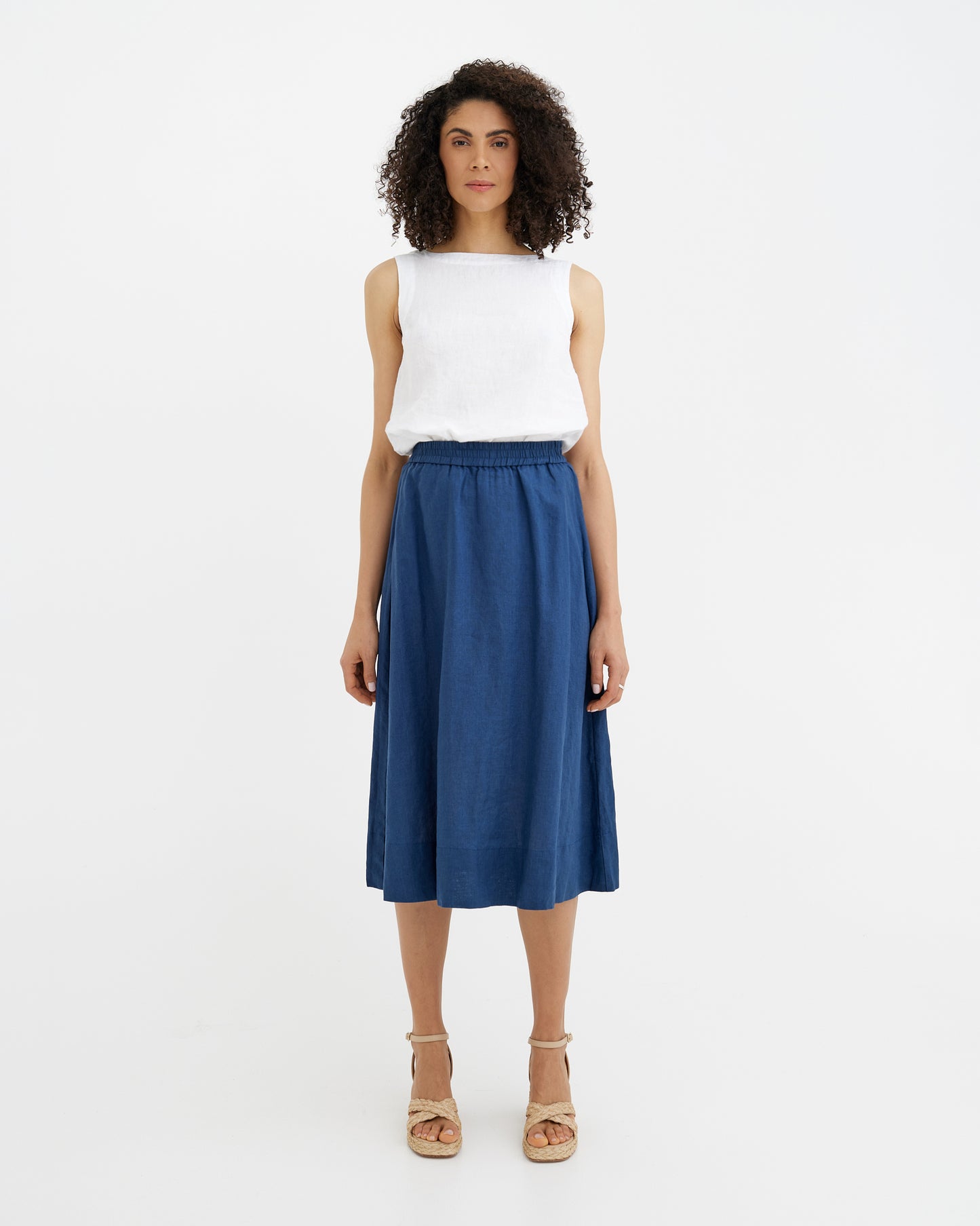 MagicLinen Deep Navy Blue AUSTIN midi linen skirt, stonewashed European flax linen