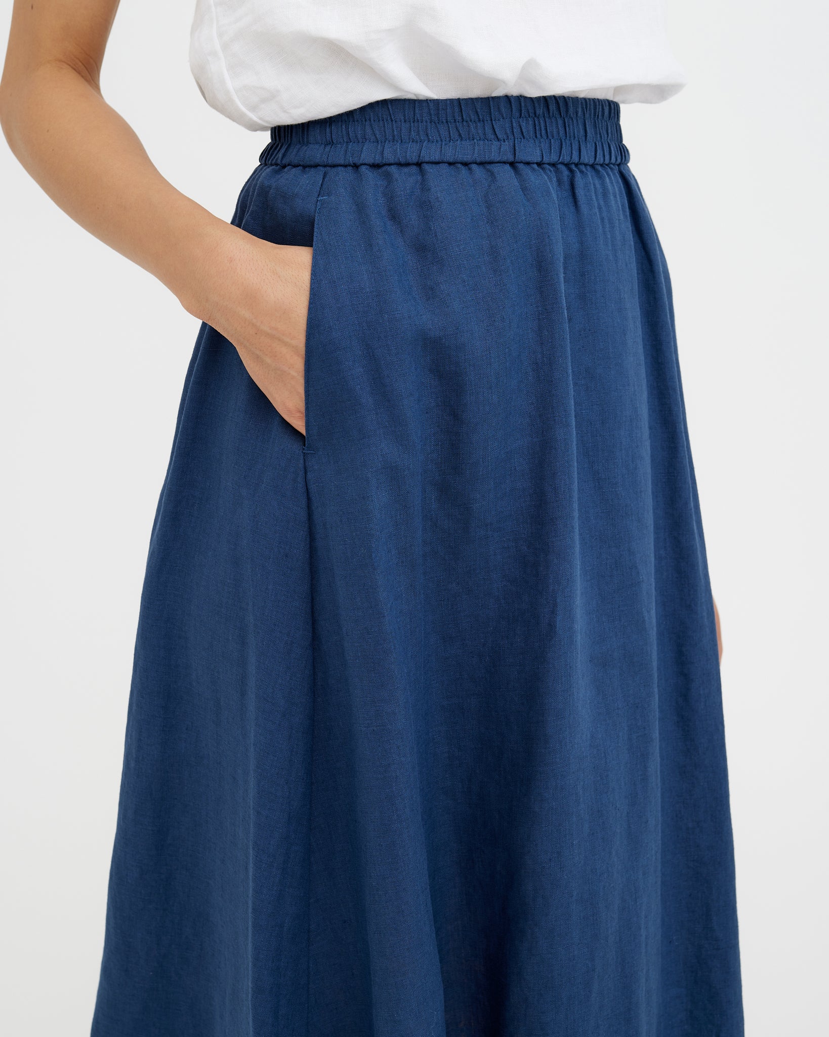 MagicLinen Deep Navy Blue AUSTIN A-line midi skirt with elasticated waistband  