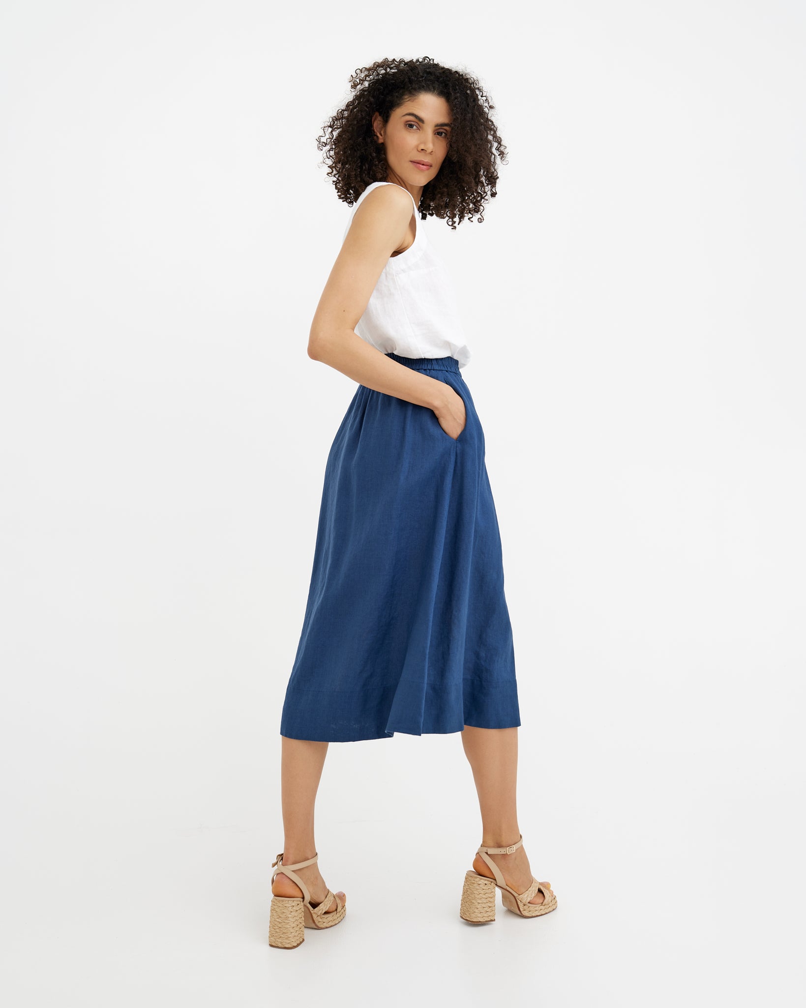 MagicLinen Deep Navy Blue AUSTIN linen skirt styled for office-casual wear  
