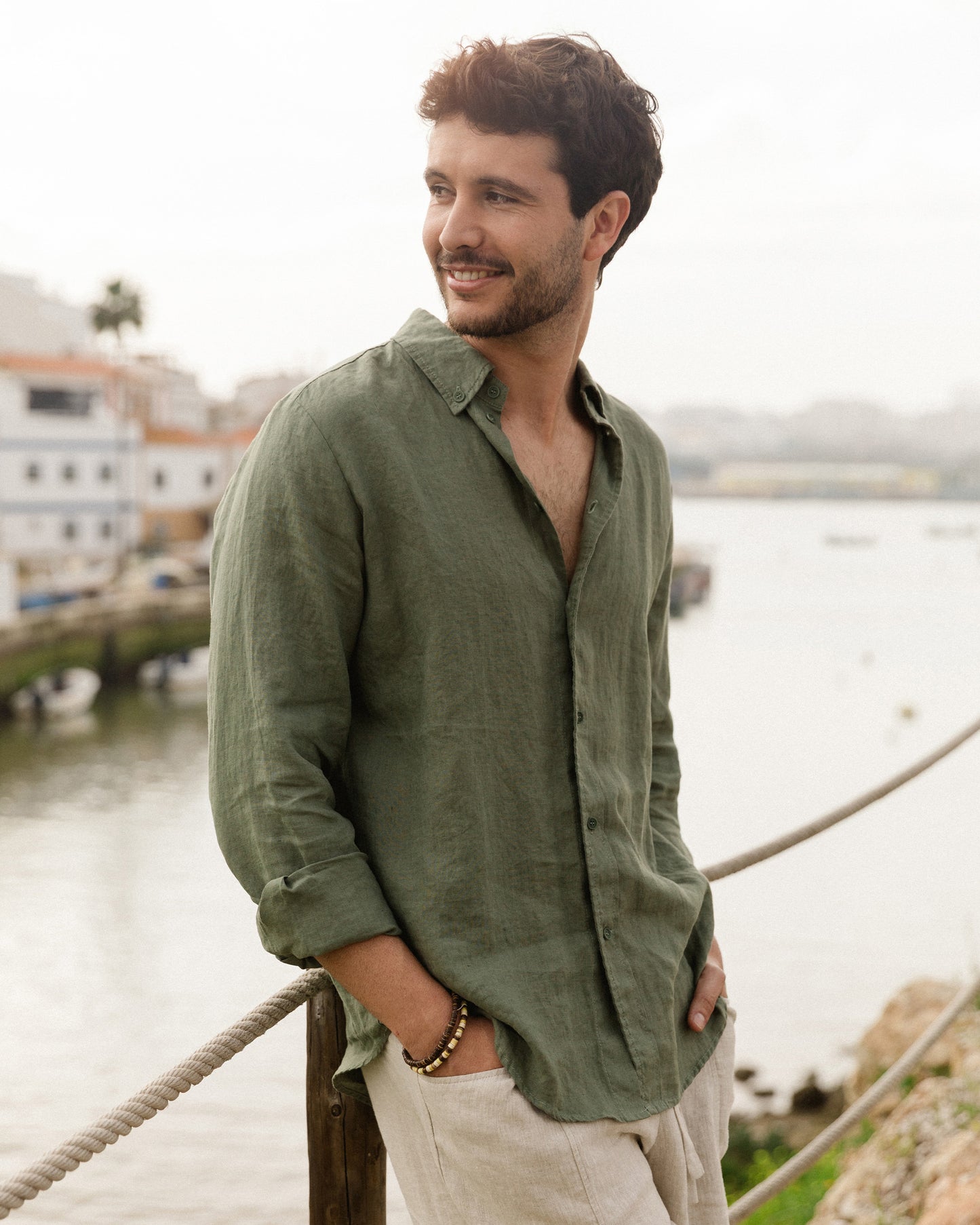 MagicLinen Mist green BOSTON shirt styled with neutral tailored trousers modelBoxOn2