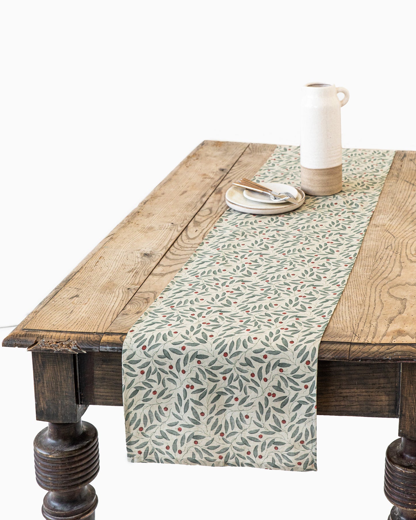 Linen table runner in Mistletoe print - MagicLinen